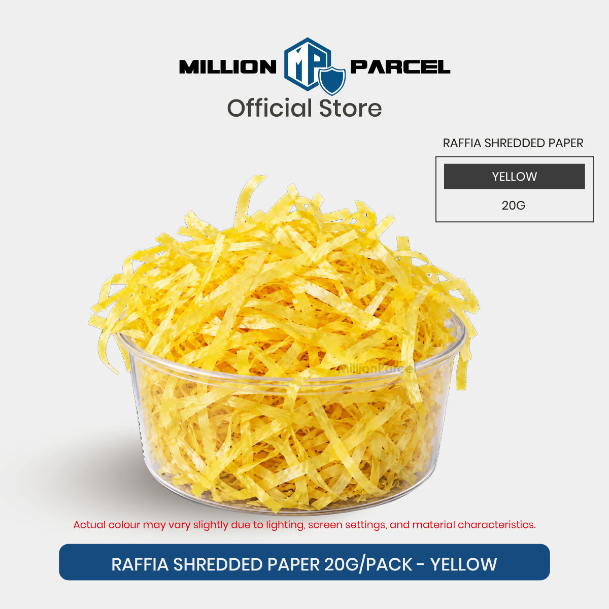 Raffia-style shredded paper gift filler in yellow, crinkle strips in a clear round tub