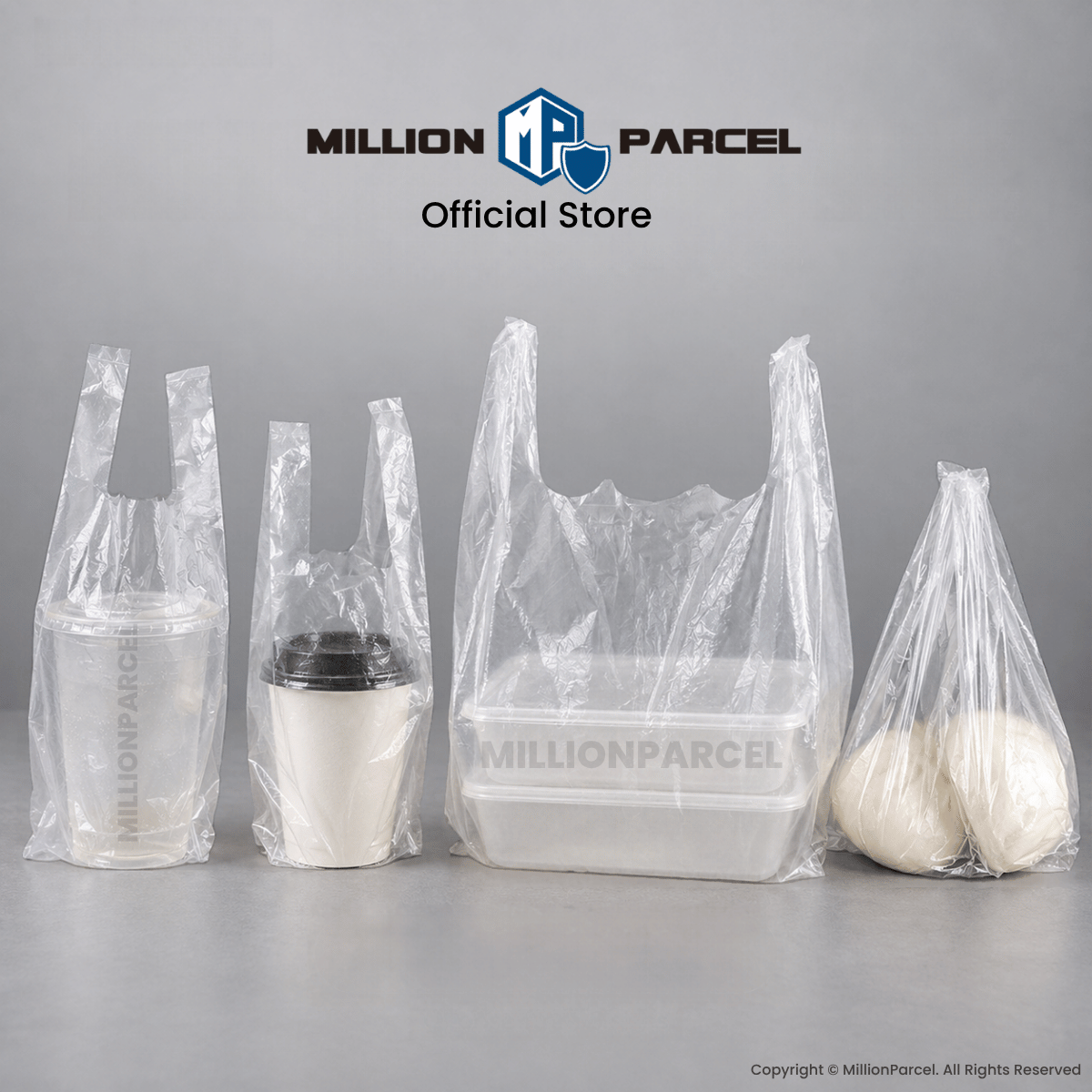 Clear plastic takeaway bags holding cups, a food container, and wrapped bread
