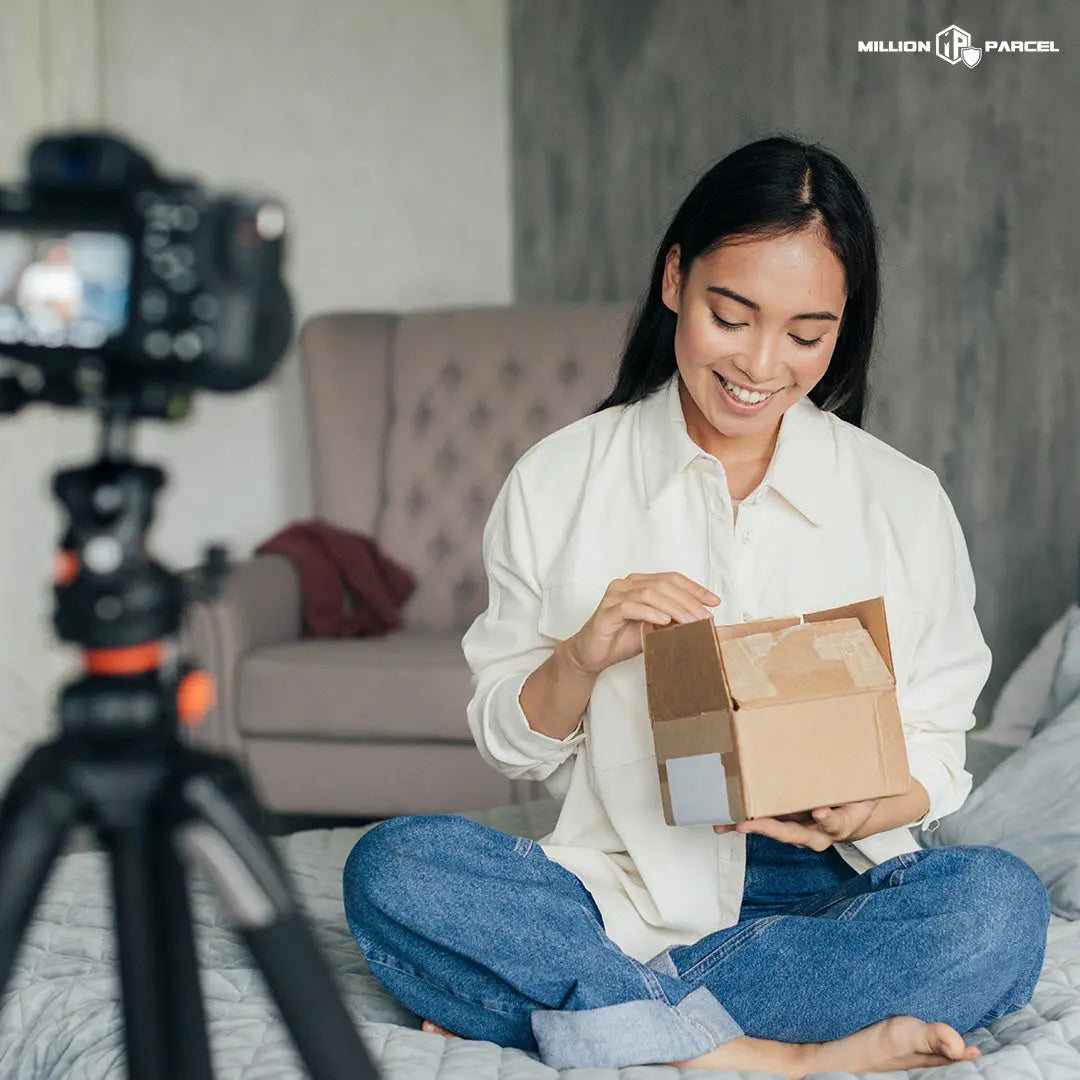 A woman recording her unboxing experience