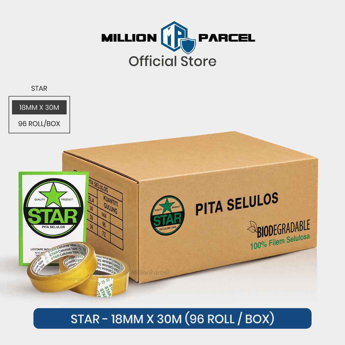 Clear office packing tape roll on cardboard box, 18mm x 30m (96 rolls)