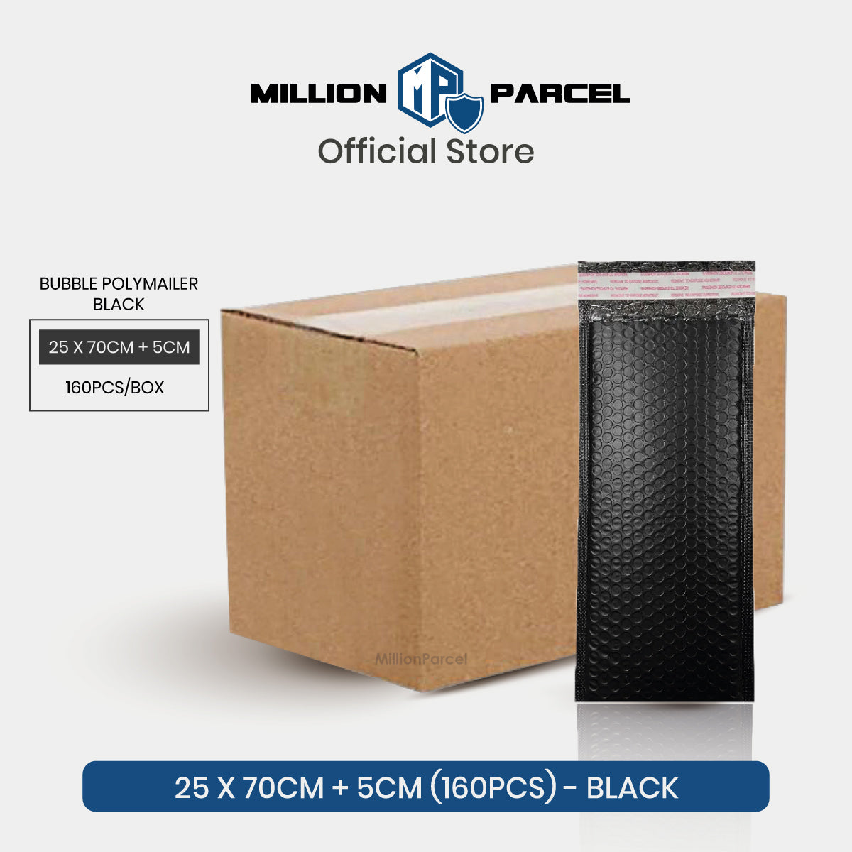 Black bubble mailer with bubble cushioning, beside cardboard shipping box