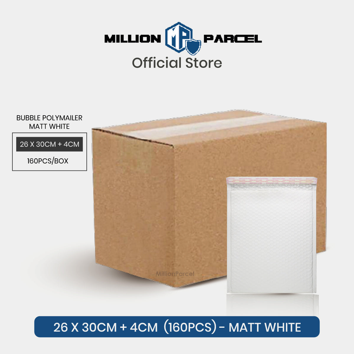 White bubble mailer envelope with bubble padding and adhesive closure, front view