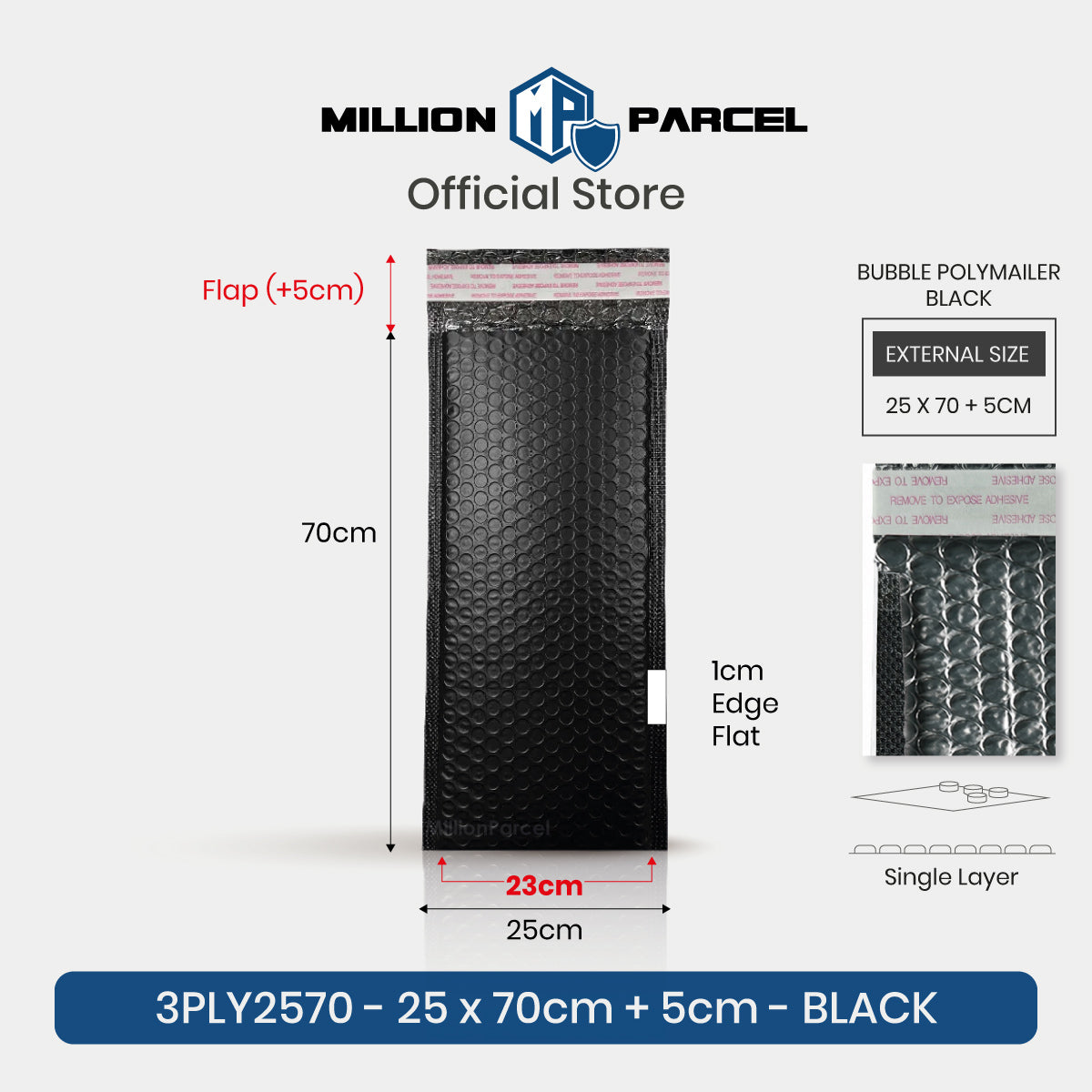 Black bubble mailer with 1 cm edge flap, single-layer cushioning envelope