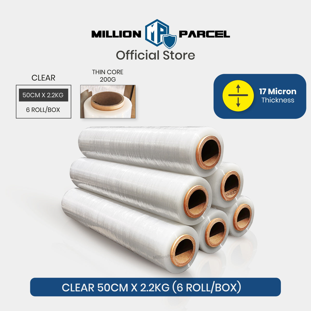 Clear stretch film shrink wrap set of 6 rolls with brown cores, 50cm, 17 micron