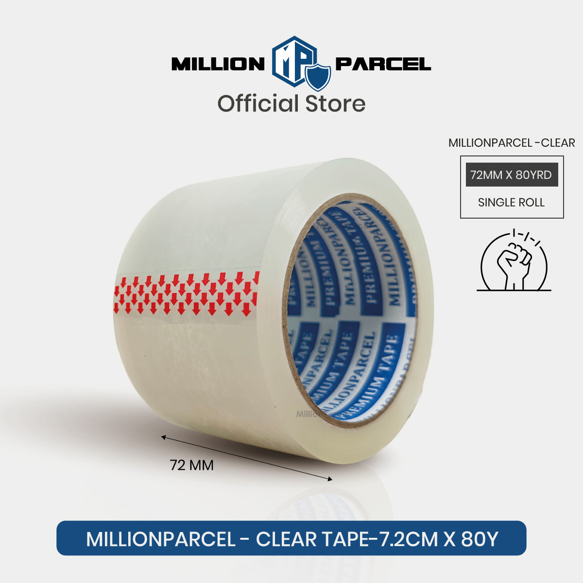 Clear adhesive packaging tape roll, 72 mm width, single roll