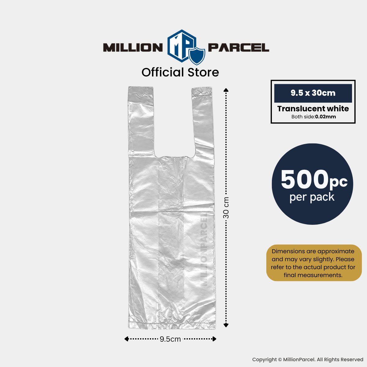 Translucent white plastic shopping bag with handles, 9.5 x 30 cm