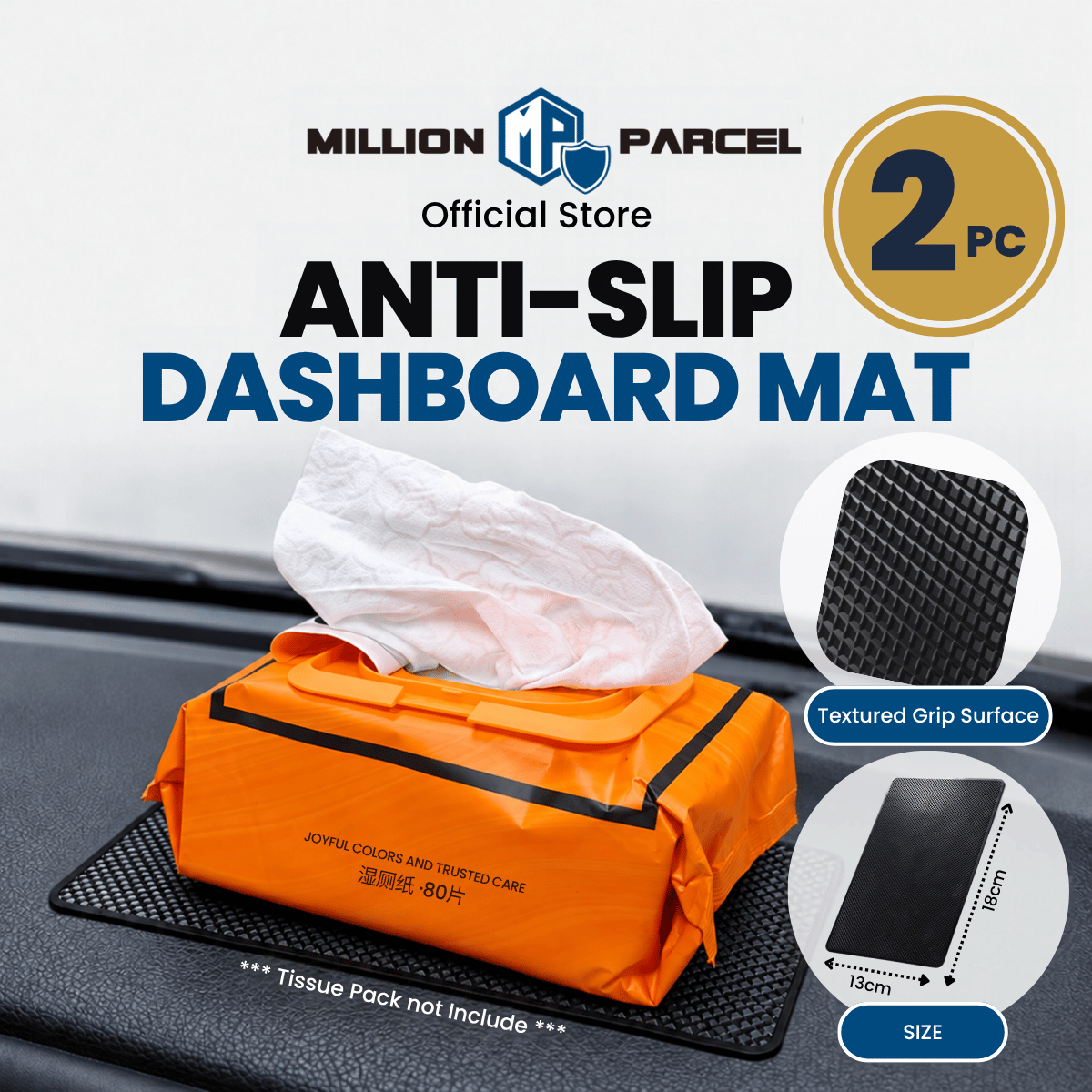 Anti-slip dashboard mat, textured grip surface, 2-piece set