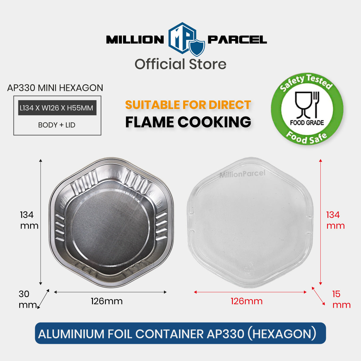Mini hexagon aluminium foil container with clear lid, crimped rim and shallow dish base