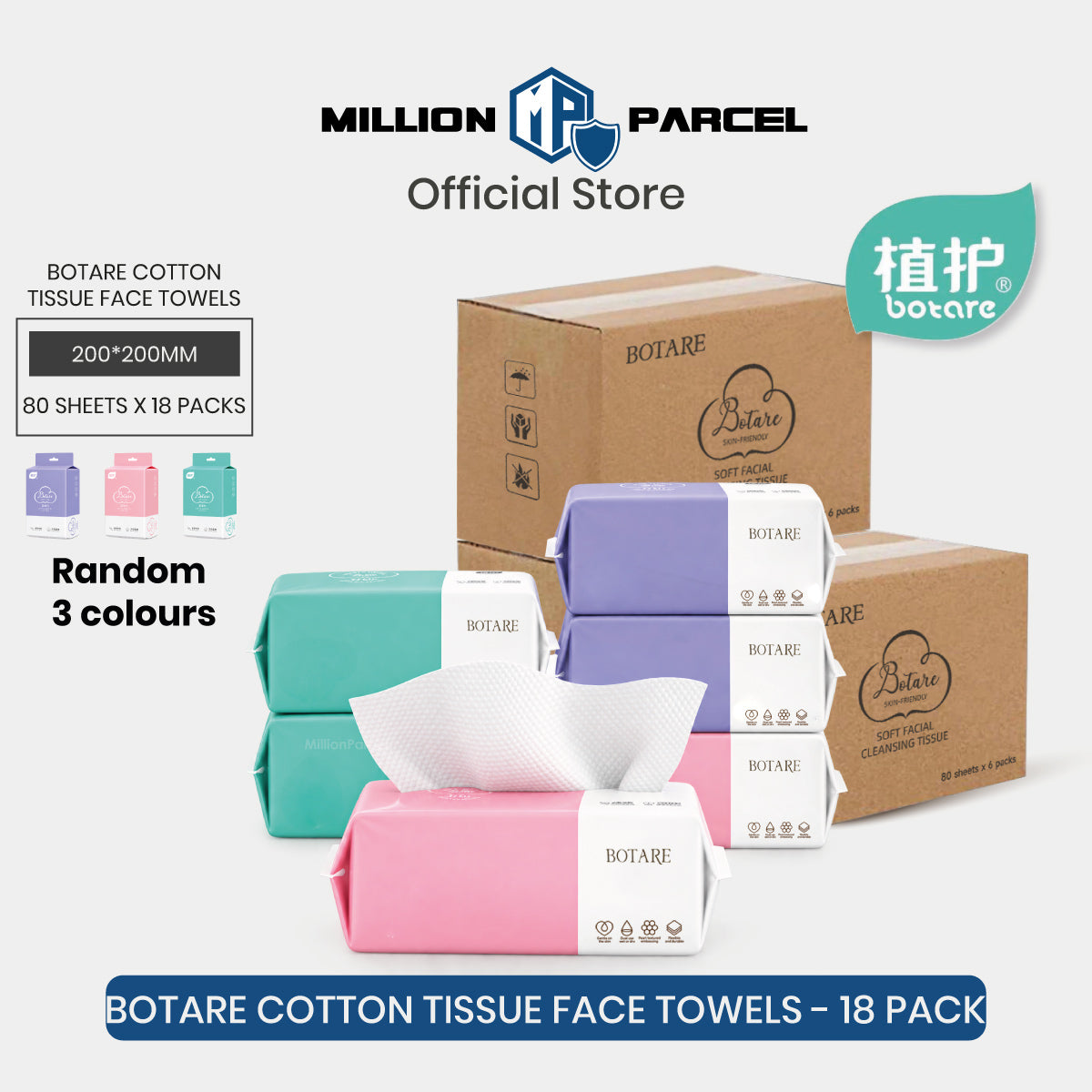 Disposable cotton tissue face towels 18-pack with pastel teal, pink, and purple