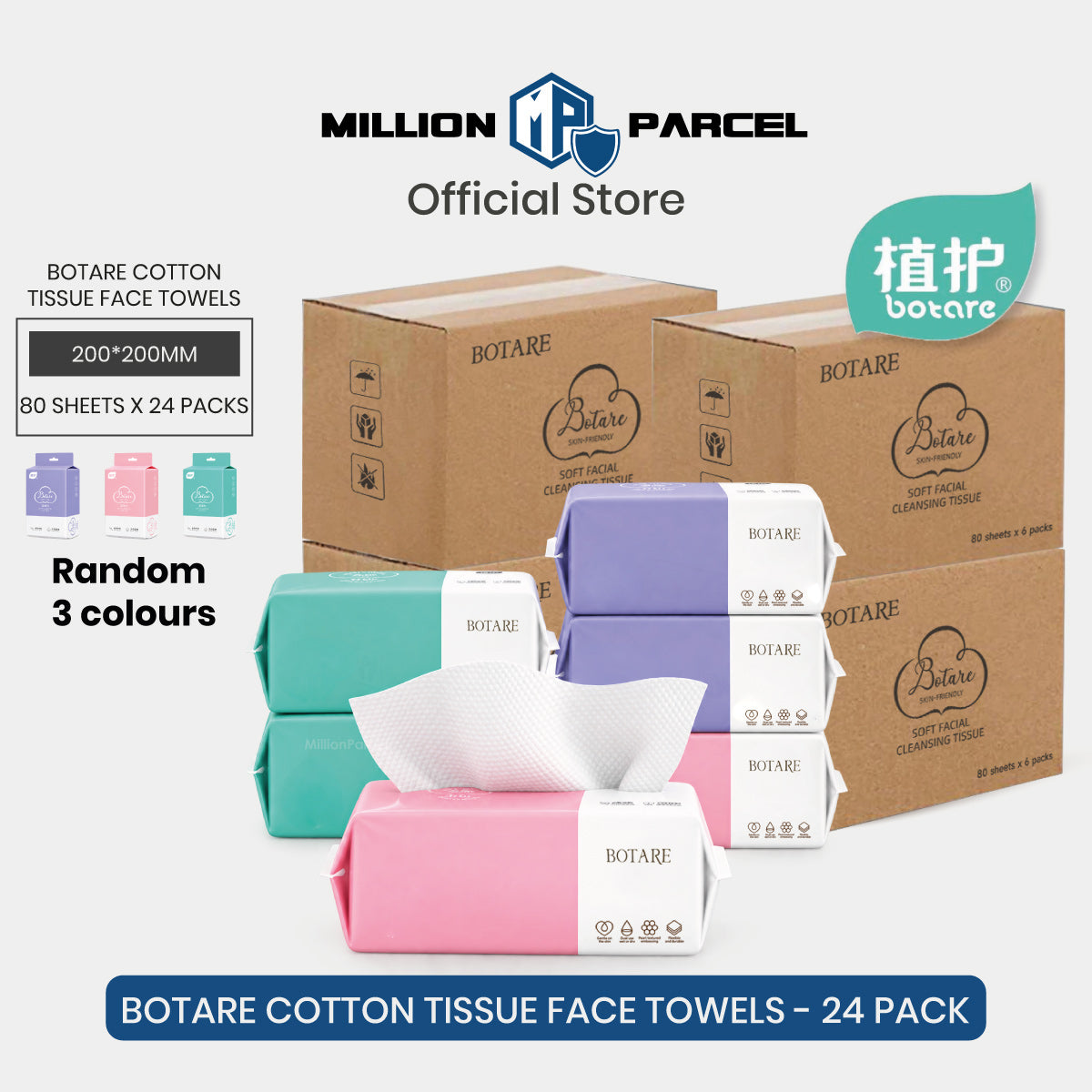 Disposable cotton tissue face towels 24-pack with teal, pink, and purple tissue stacks