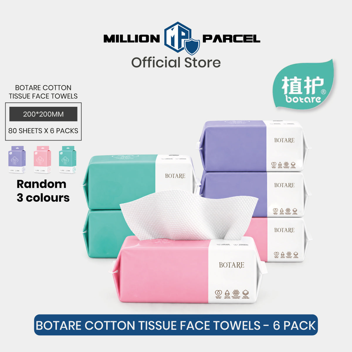 Disposable cotton tissue face towels 6-pack with teal, pink, and purple tissue