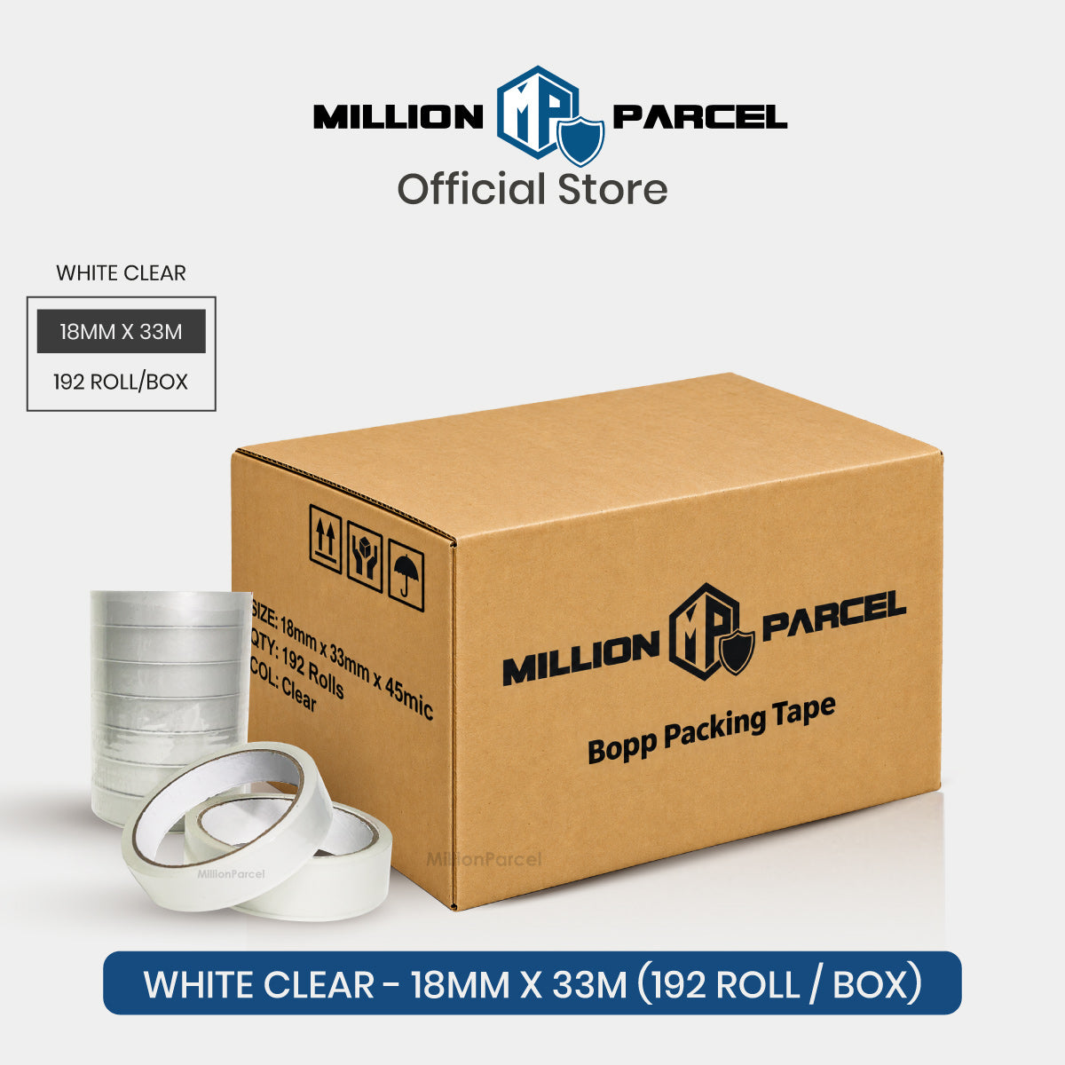 White clear packing tape rolls on cardboard box, 18mm x 33m (192 rolls)