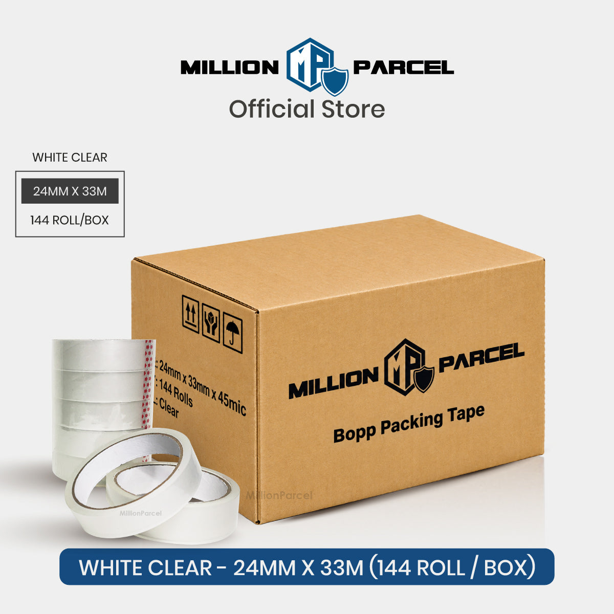 White clear packing tape rolls on cardboard box, 24mm x 33m (144 rolls)