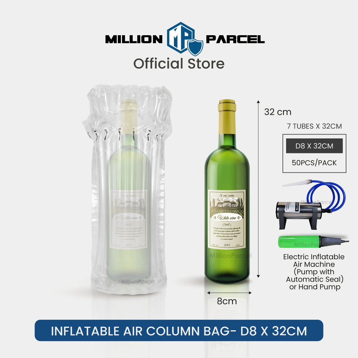 Inflatable air column bag, clear plastic wrap with protective insert