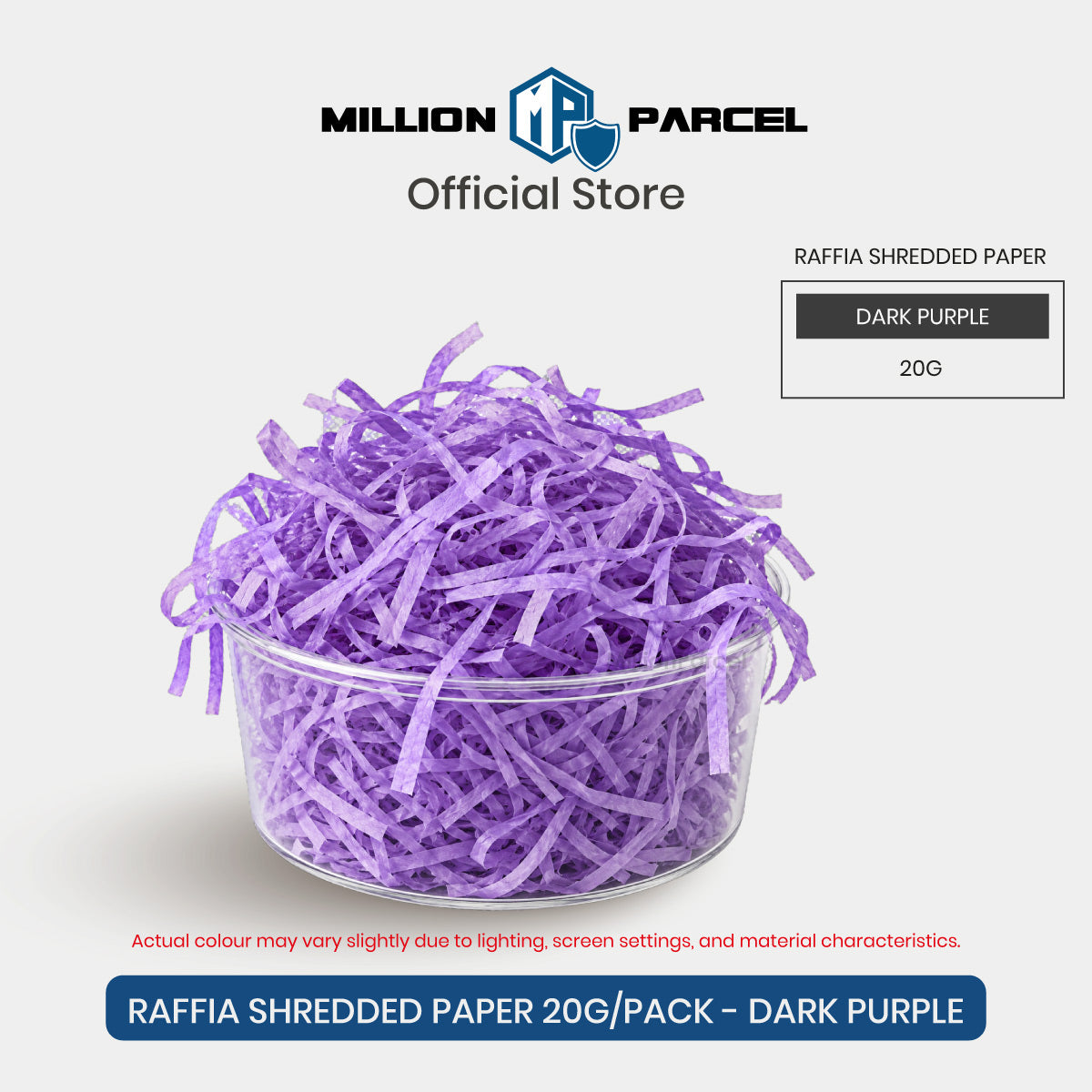 Raffia-style shredded paper gift filler in dark purple, crinkle strips in a clear round tub