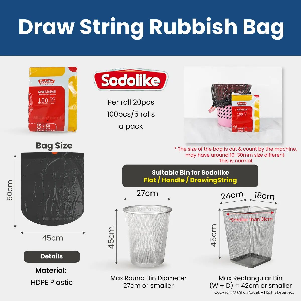 Draw String Rubbish Bag Handle Trash Bag l Flat Trash bag