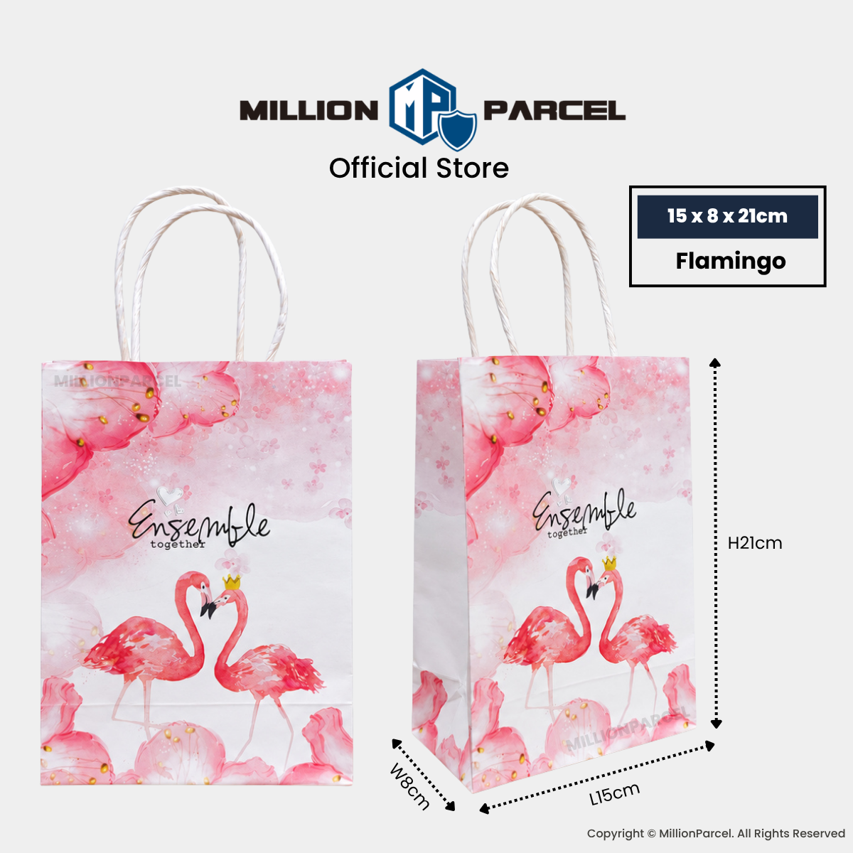 Printed gift paper bag with handles, flamingo watercolor print, 15x8x21cm