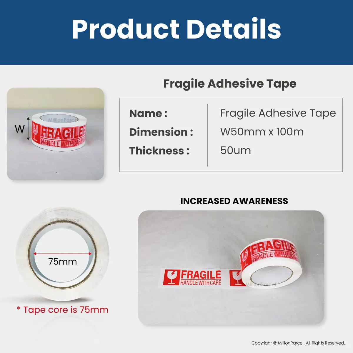 Fragile Adhesive Tape - Ensure your fragile items arrive safely - MillionParcel