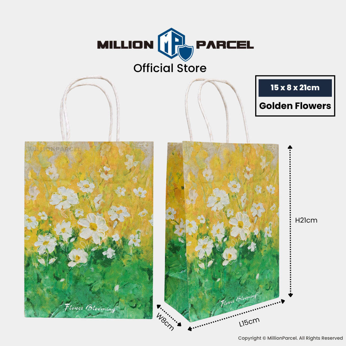 Printed gift paper bag with handles, golden flowers print, 15x8x21cm