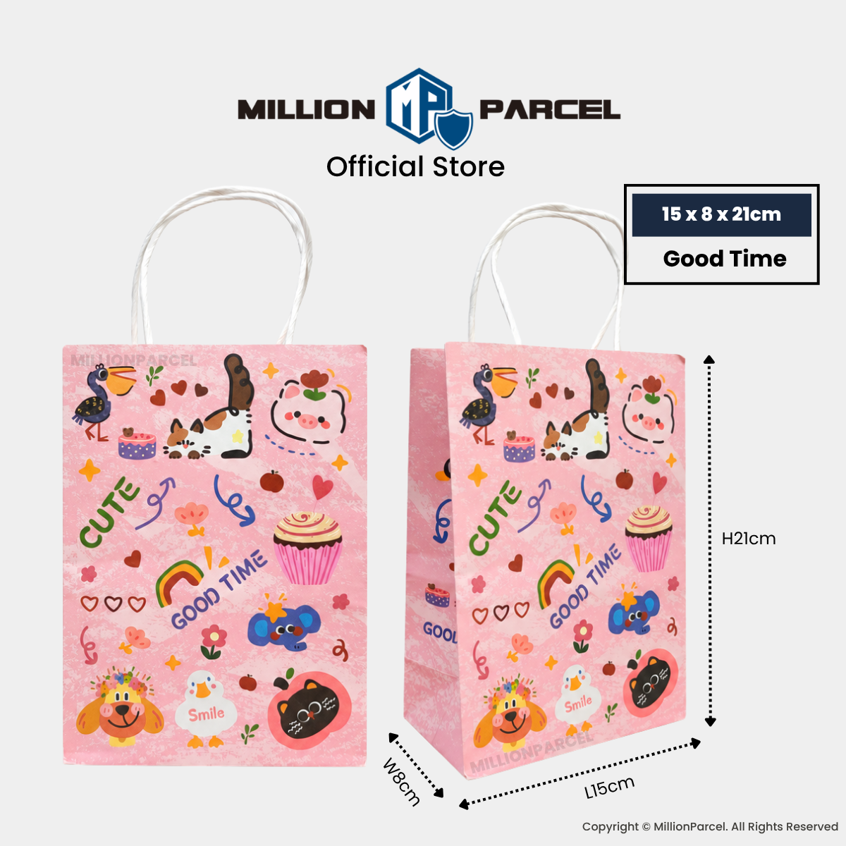 Pink gift paper bag with handles, “Good Time” print with cute doodles and cupcakes.