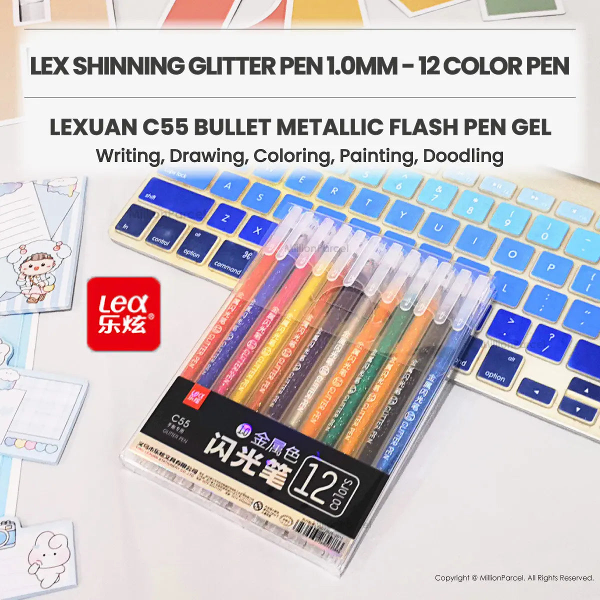 LEX Shinning Glitter Pen 1.0mm - 12 Color Pen - MillionParcel