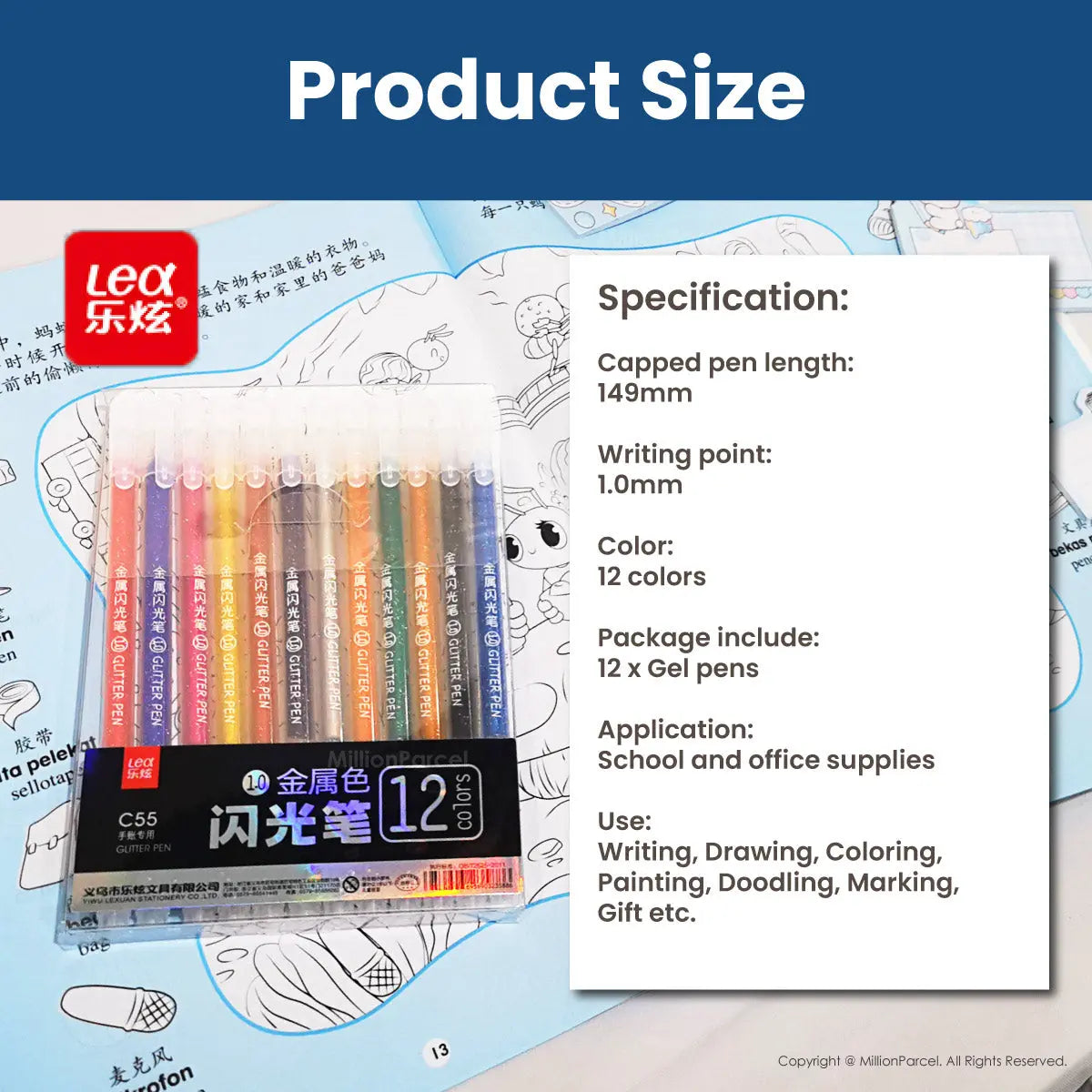 LEX Shinning Glitter Pen 1.0mm - 12 Color Pen - MillionParcel