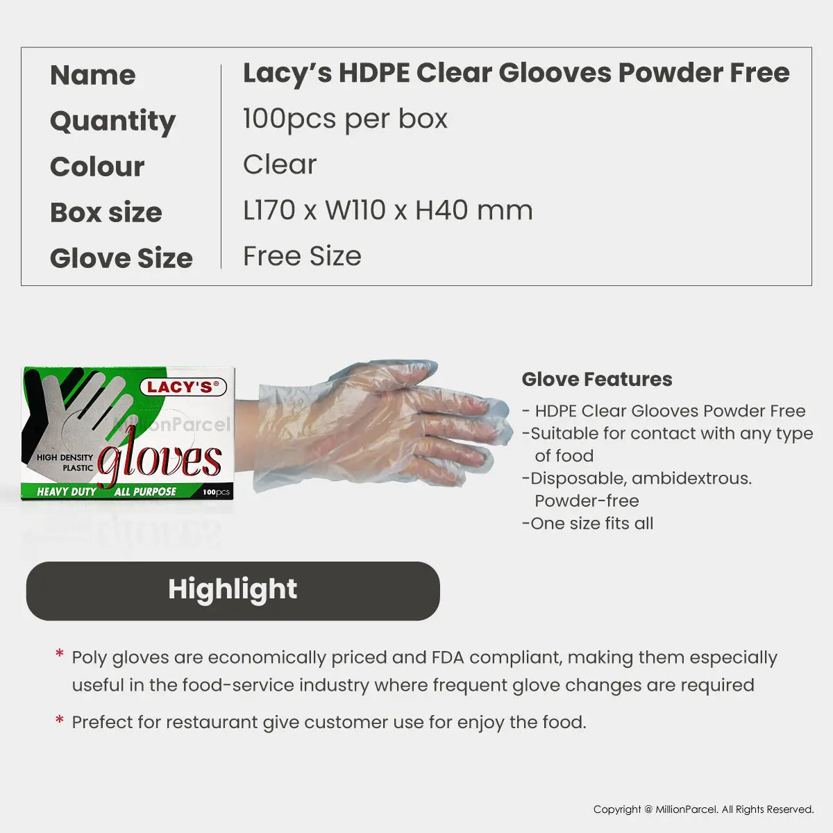 Lacy's Multipurpose Gloves Powder Free | HDPE/CPE/Vinyl Gloves - MillionParcel