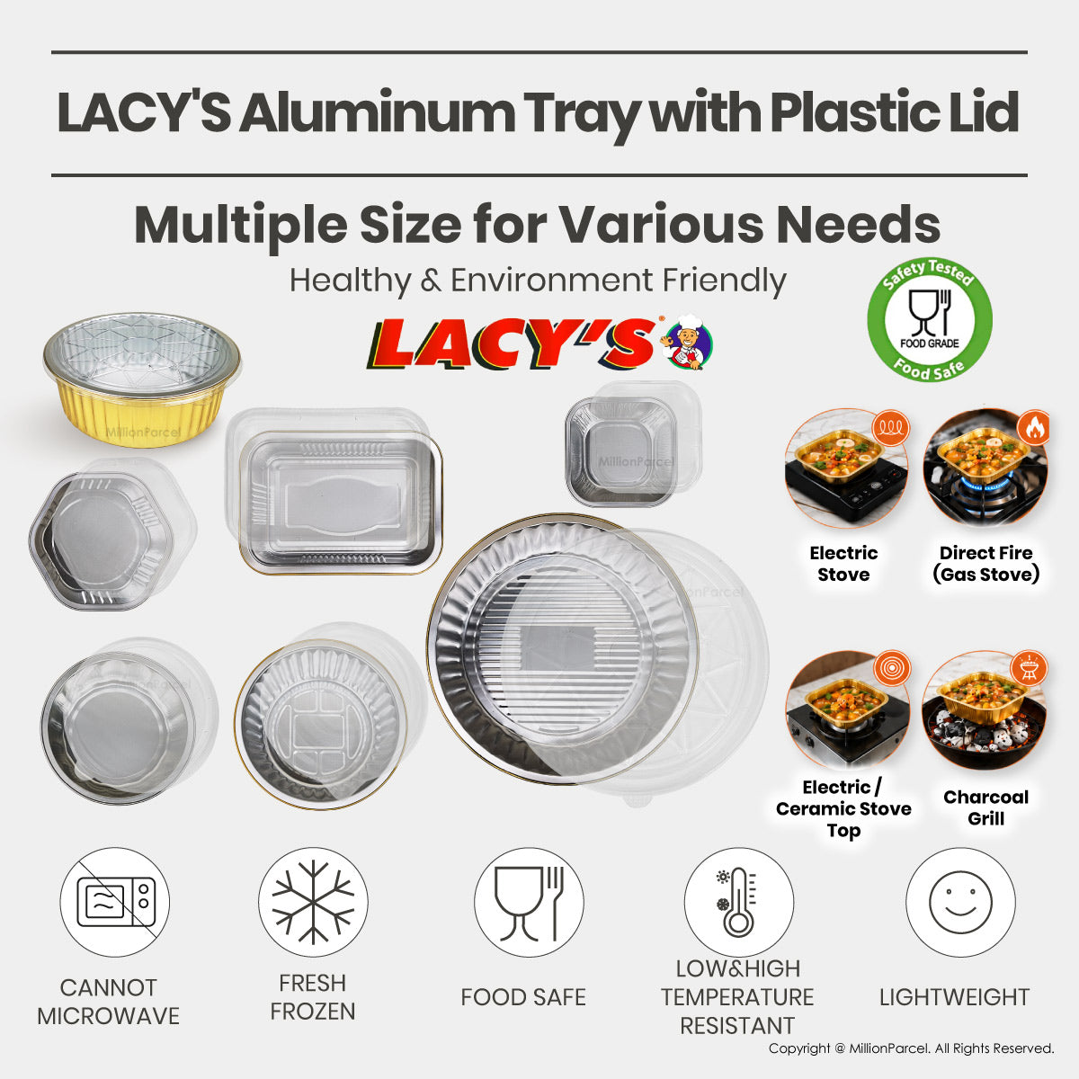Round aluminium foil tray set with clear plastic lids, multiple sizes shown