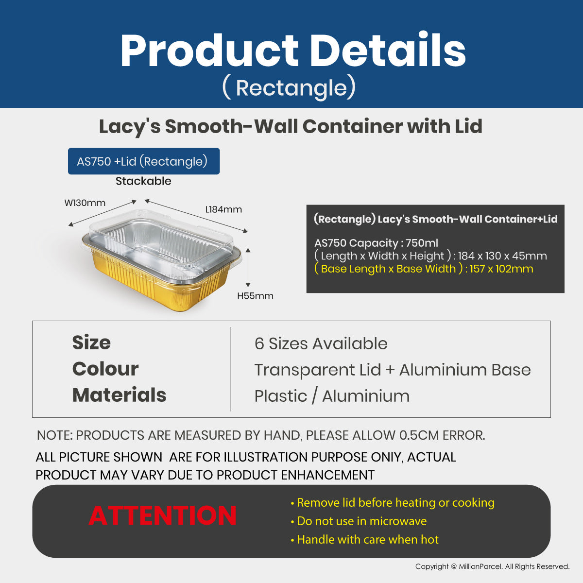 Rectangular aluminium foil tray with clear plastic lid and yellow base, empty