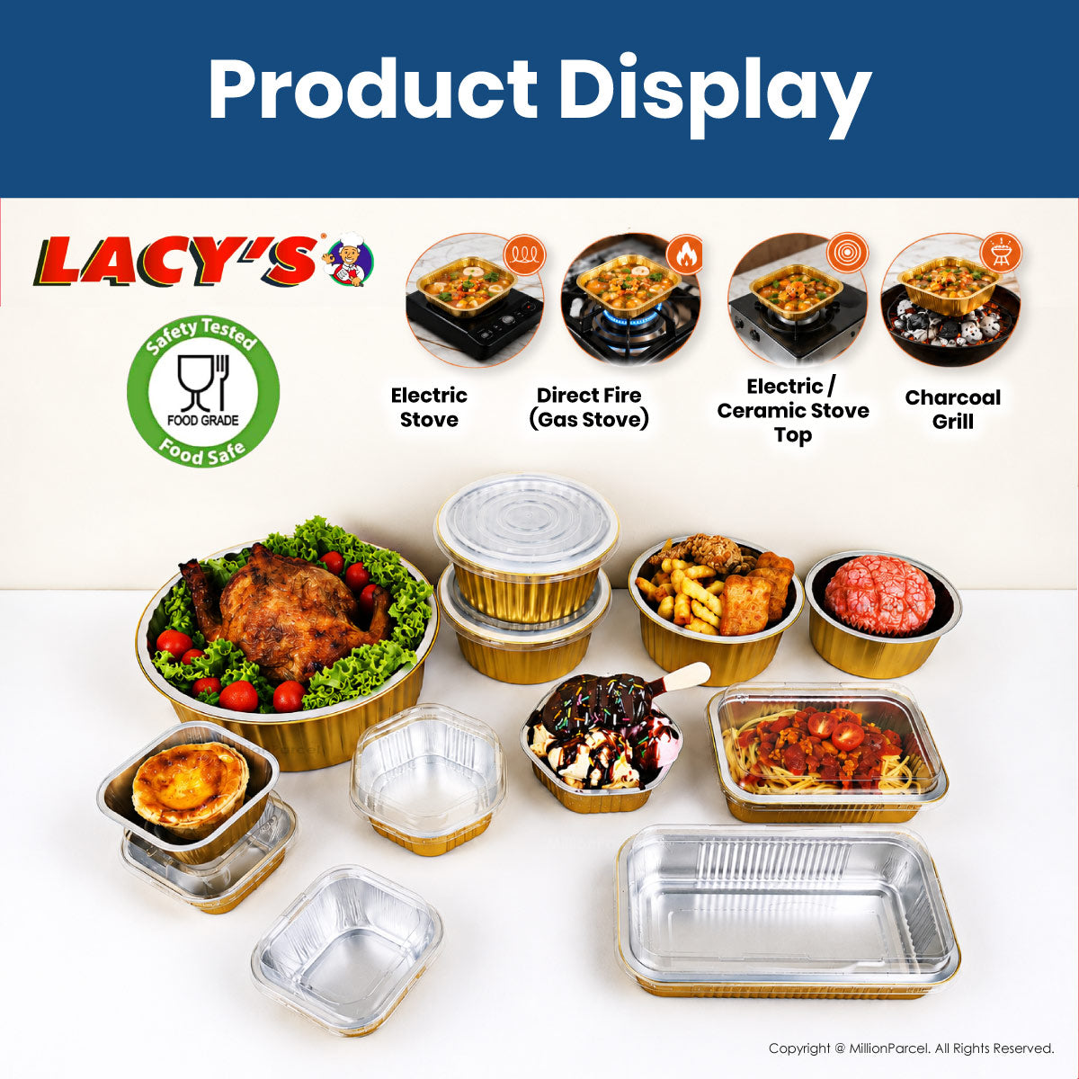 Assorted aluminium foil trays with clear lids in round and rectangular shapes