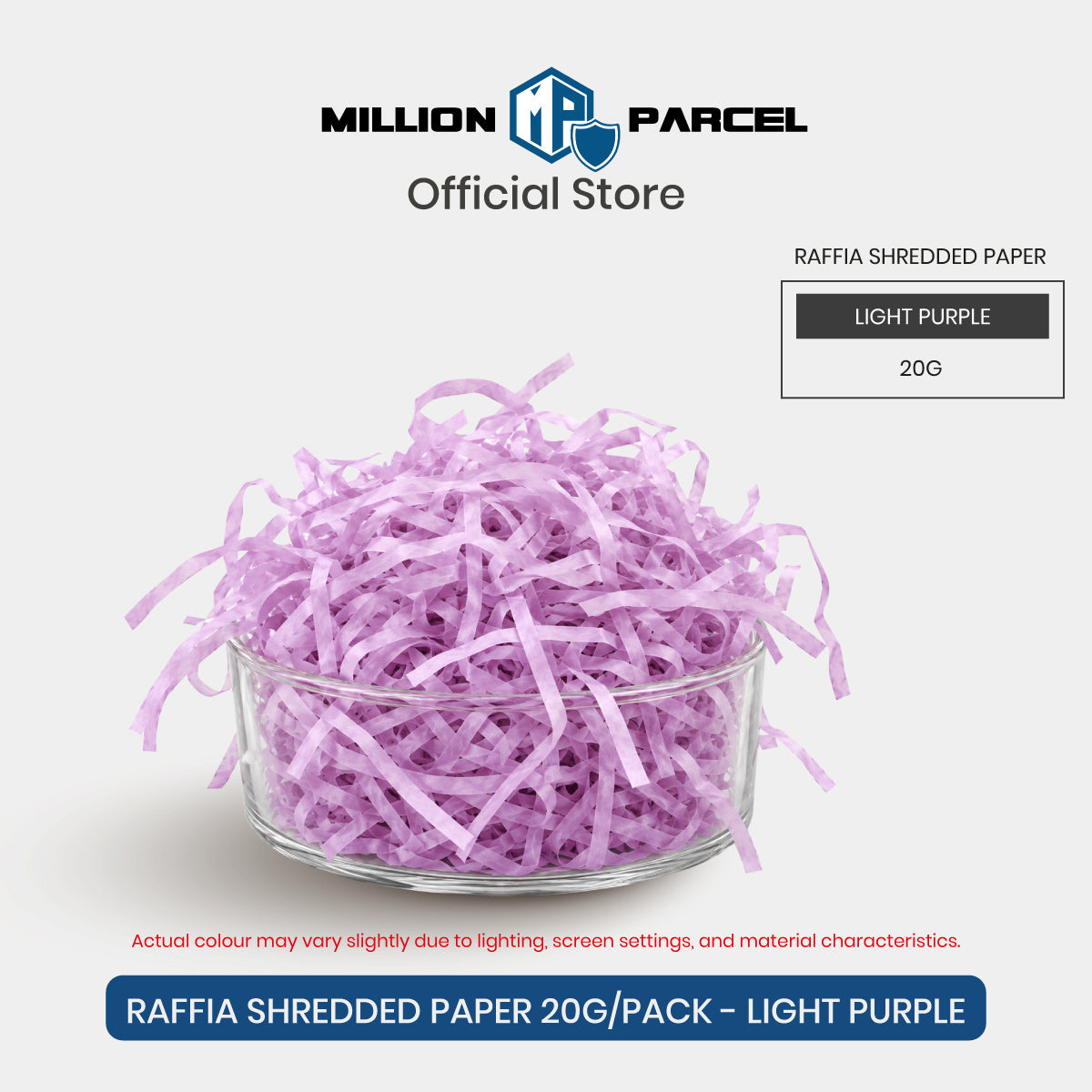 Raffia-style shredded paper filler, light purple shreds in a gift box
