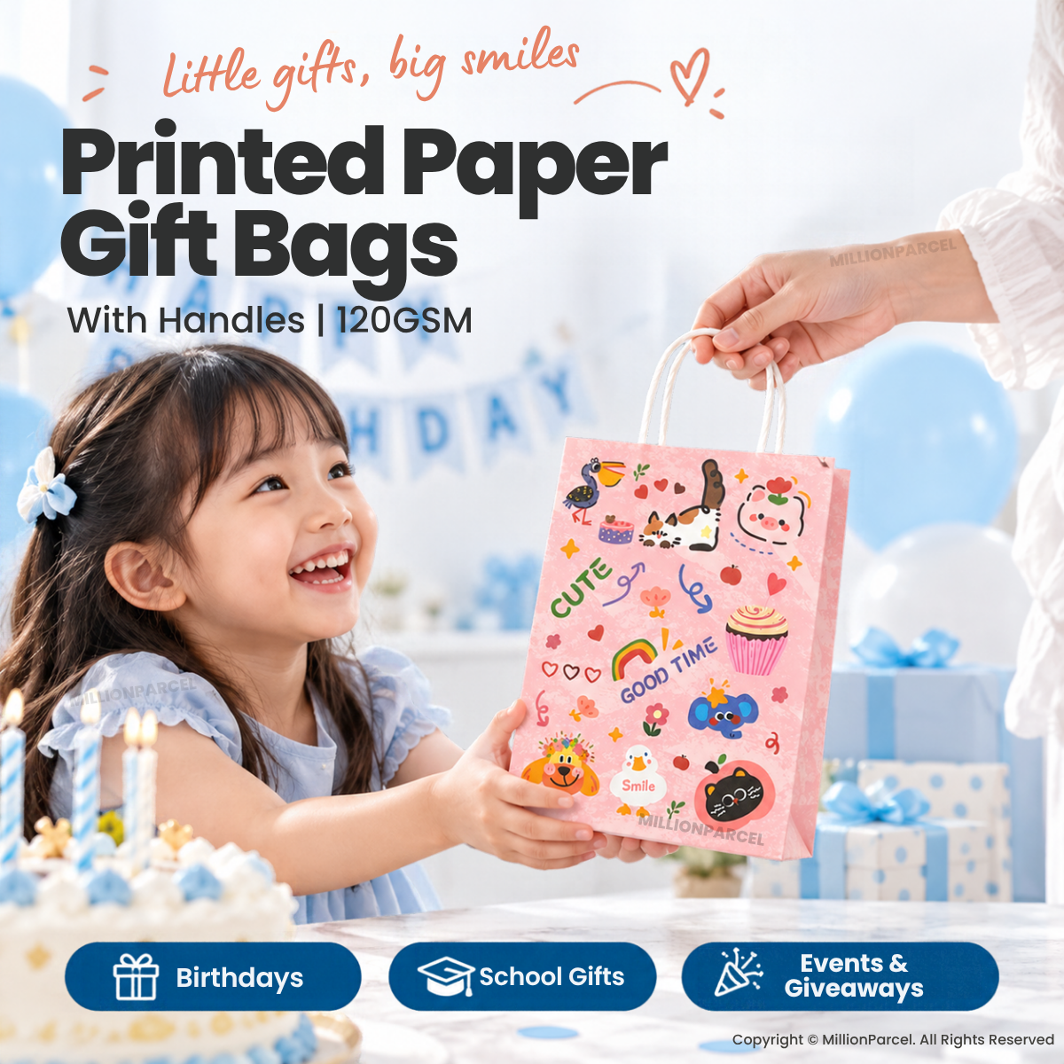 Printed paper gift bag with twisted handle, pink with cute animal and cupcake illustration.