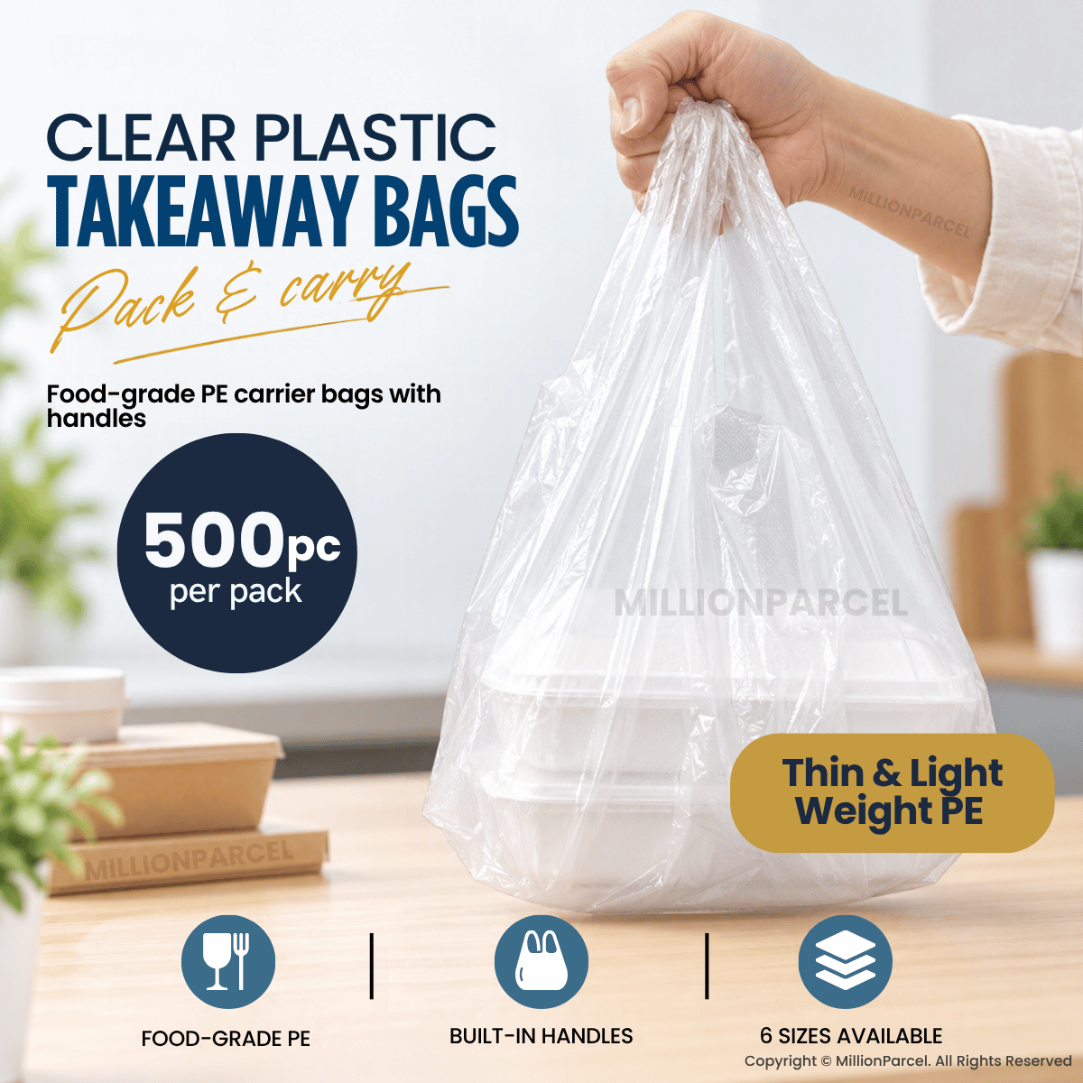 Clear plastic takeaway bag with built-in handles, shown holding a food container.