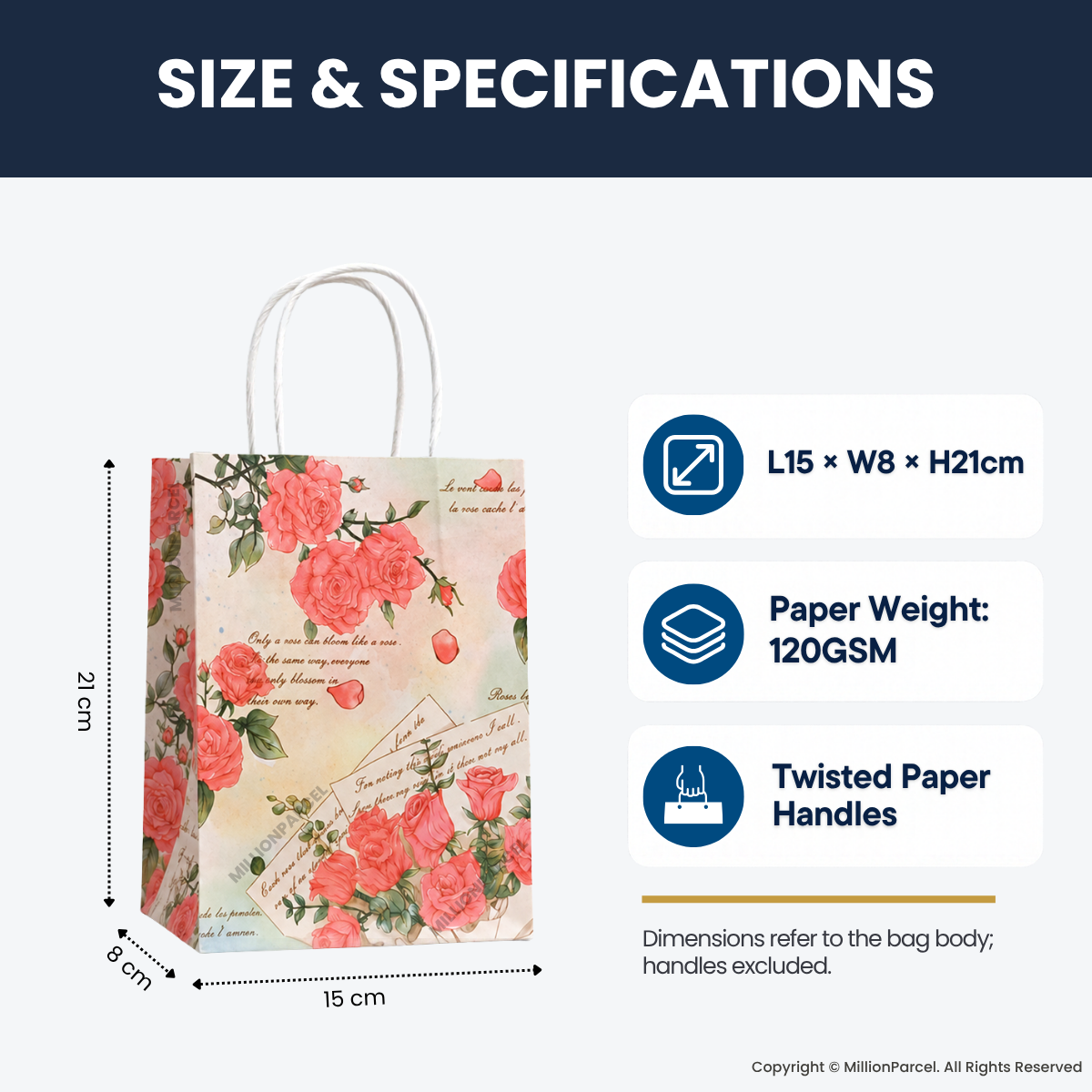 Printed paper gift bag with twisted handles in rose floral print; size and weight shown.