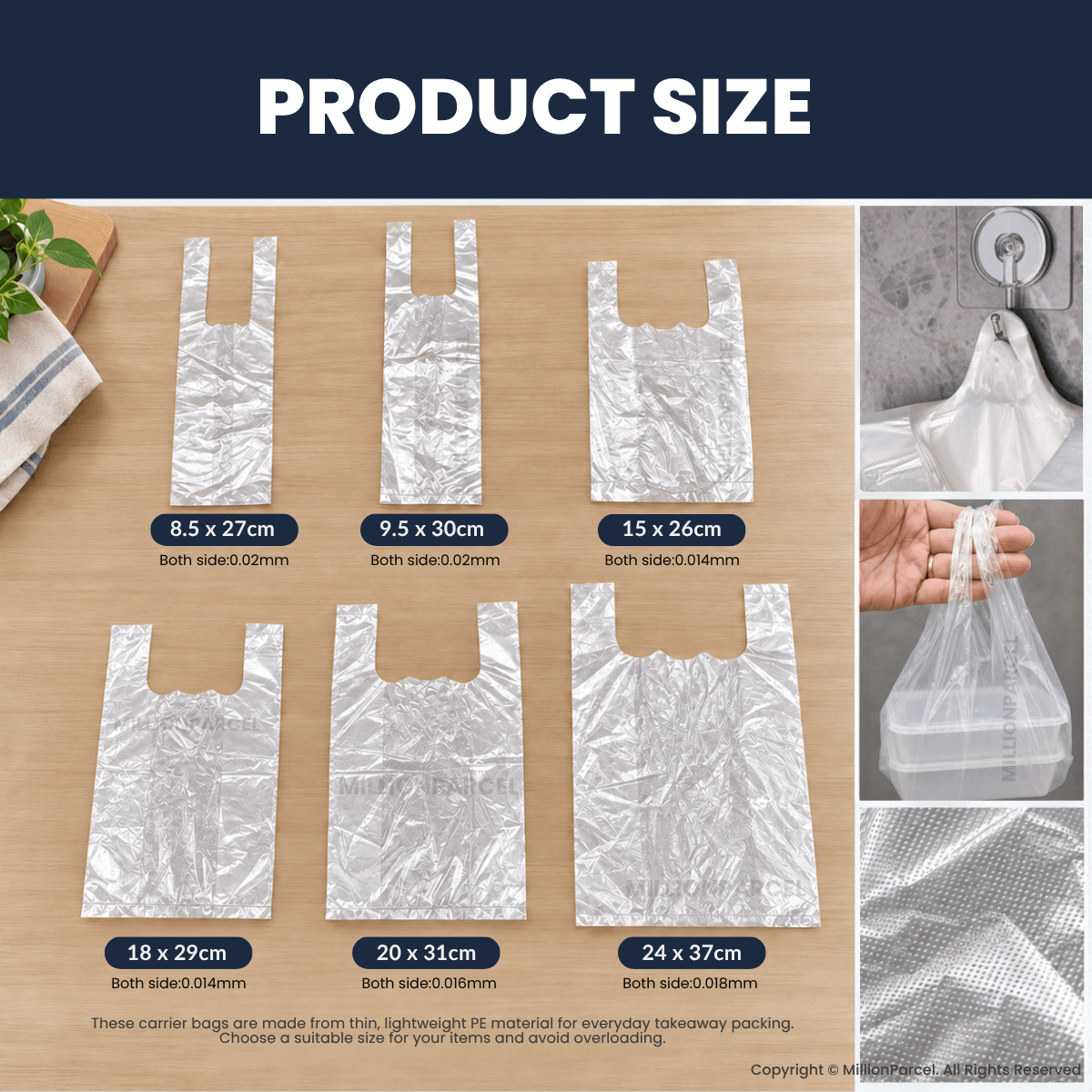 Six clear handled takeaway bags in different sizes, with close-ups of hanging, carrying, and texture.