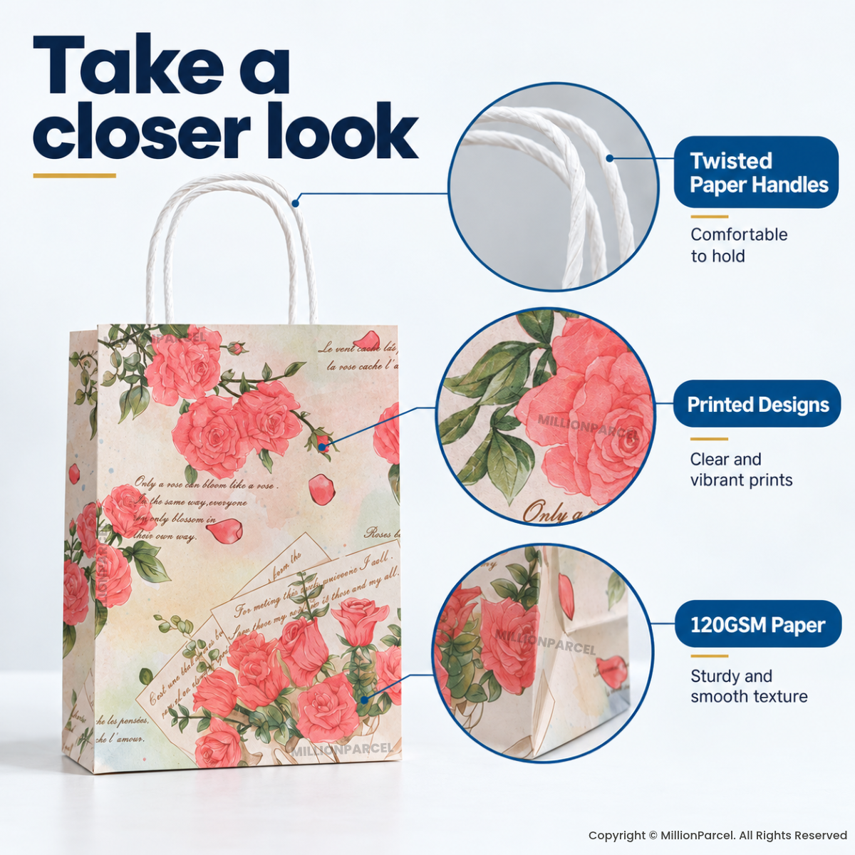 Printed paper gift bag with twisted handle, floral rose design; close-up detail circles shown.