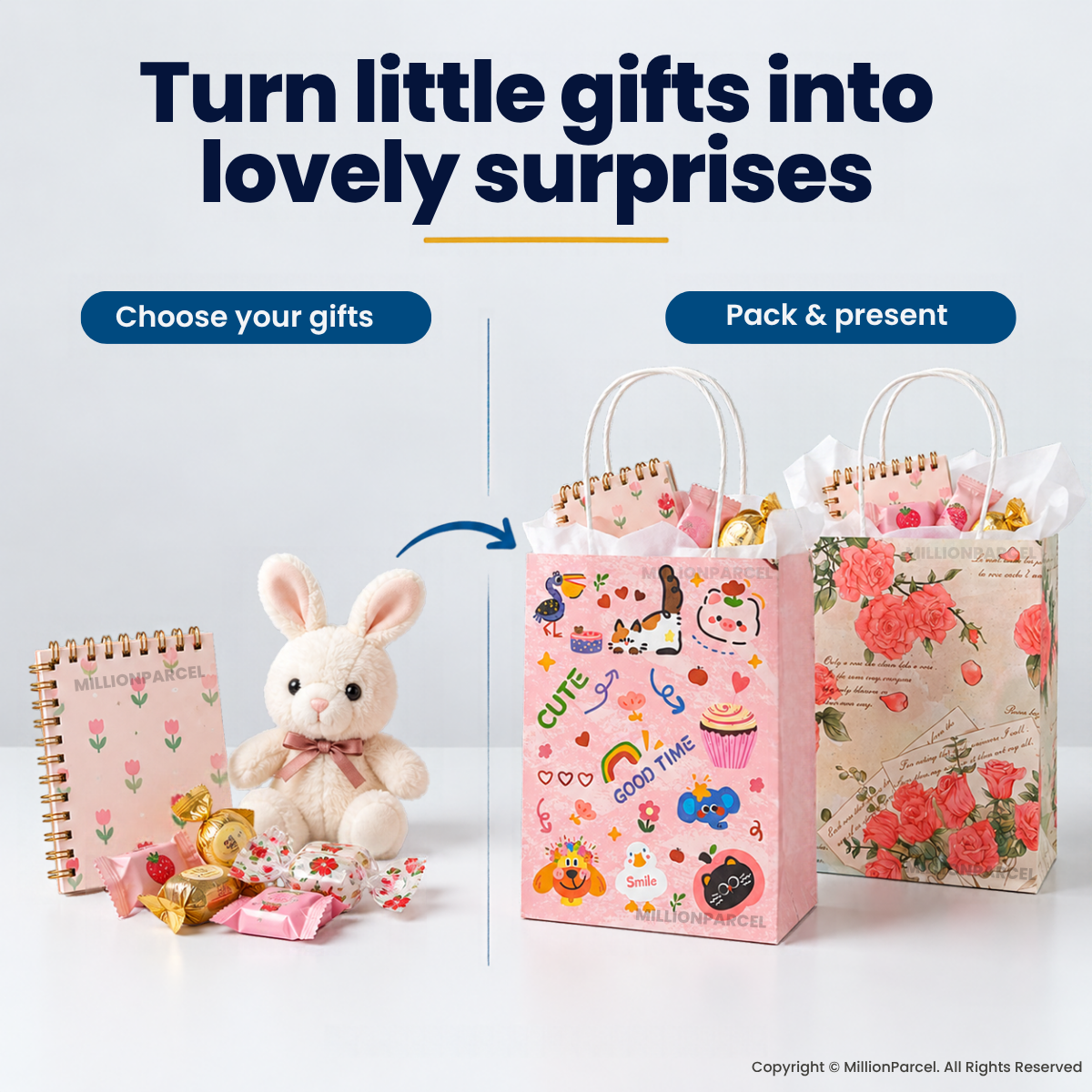 Set of printed paper gift bags with twisted handles, showing different pink and floral designs.