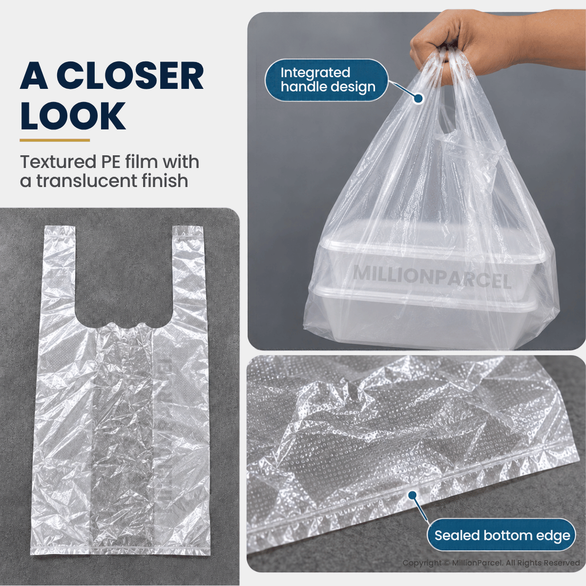 Clear plastic takeaway bag with textured translucent film, integrated handles, and sealed bottom edge.