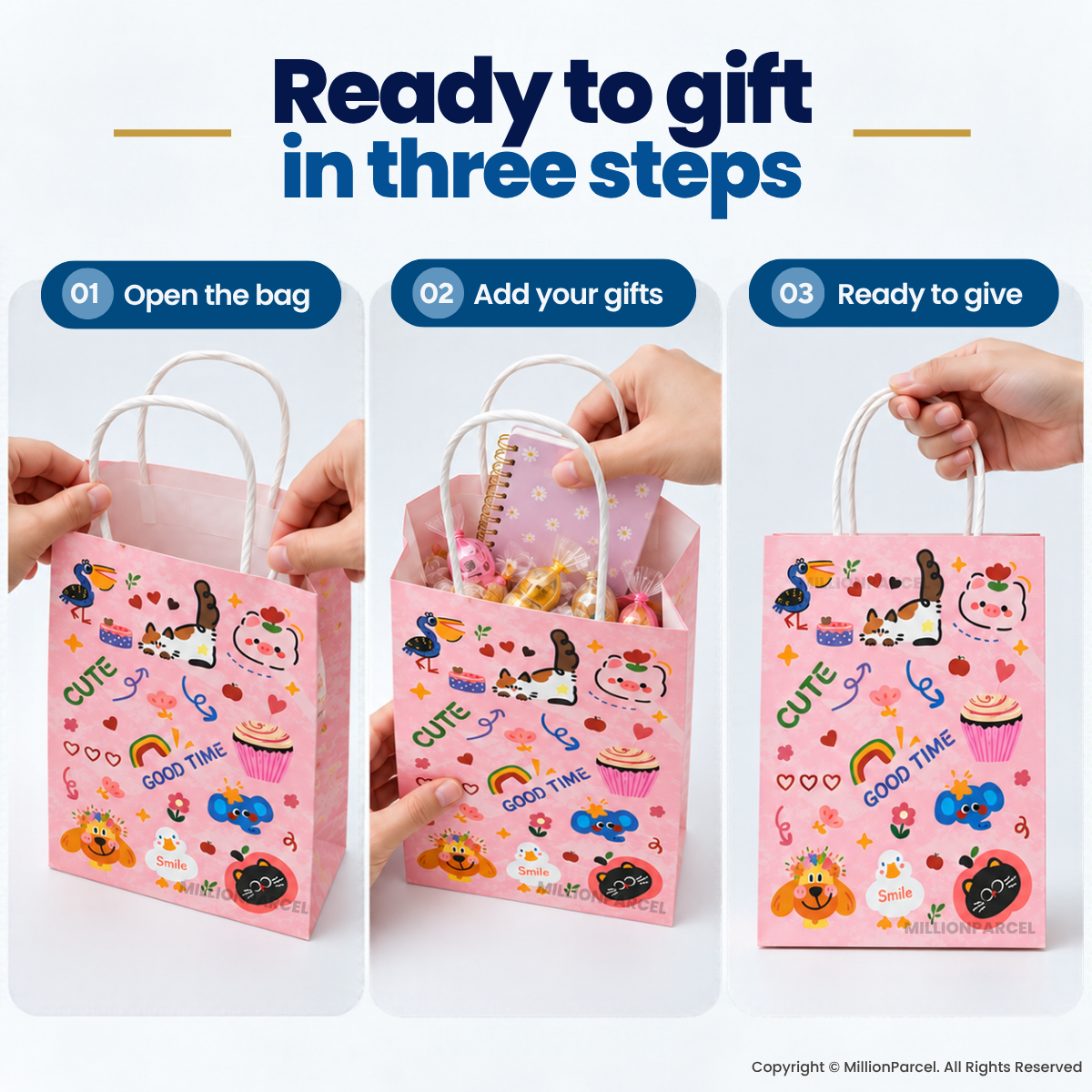 Three-step view of printed paper gift bag with twisted handle, pink character print on bag front.