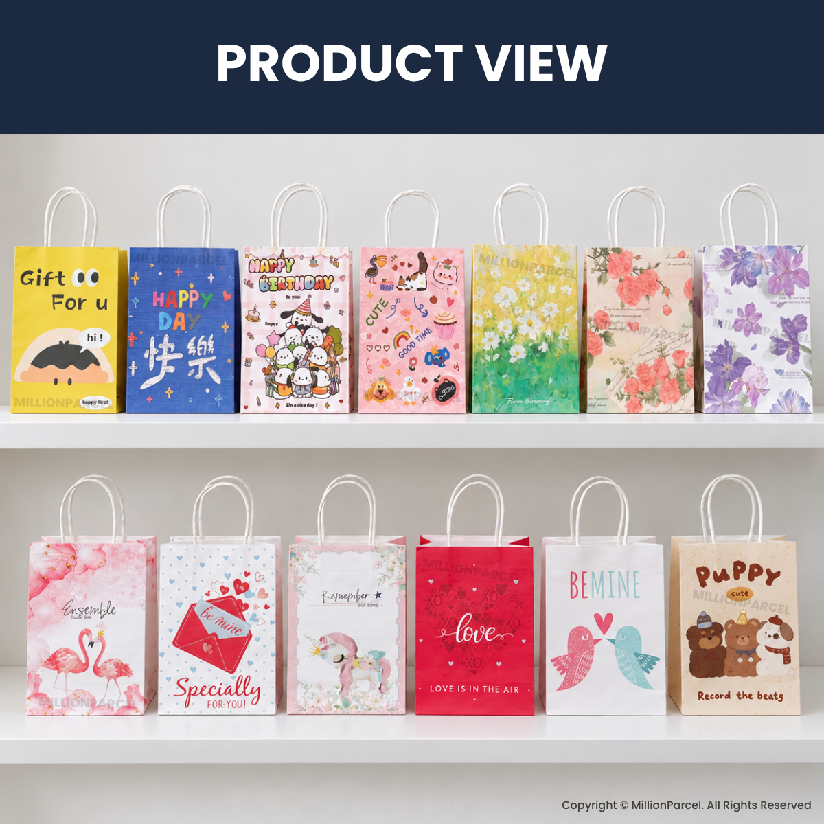 Printed paper gift bags display with twisted handles, assorted designs and colors in two rows.