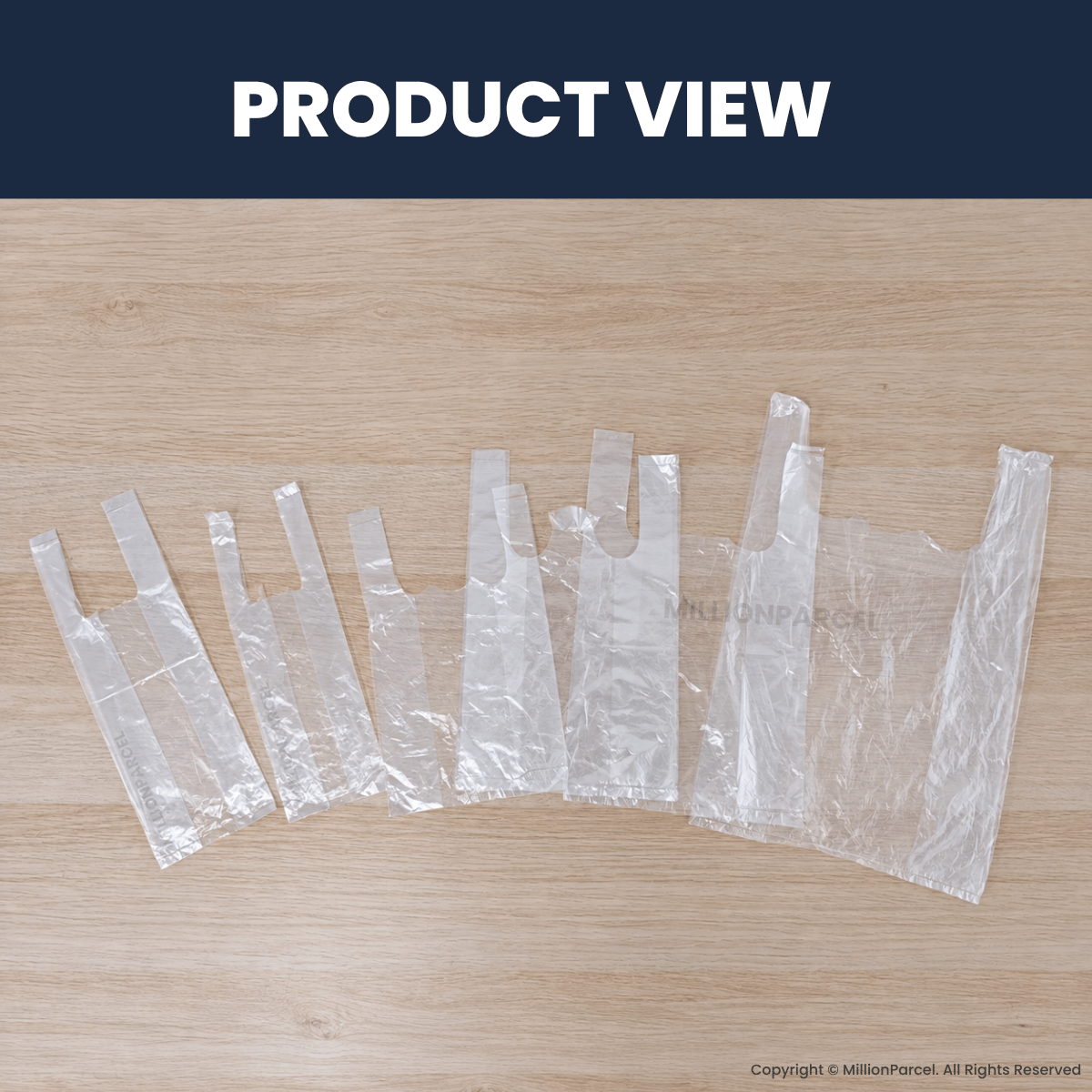 Assorted clear plastic takeaway bags with handles arranged by size.