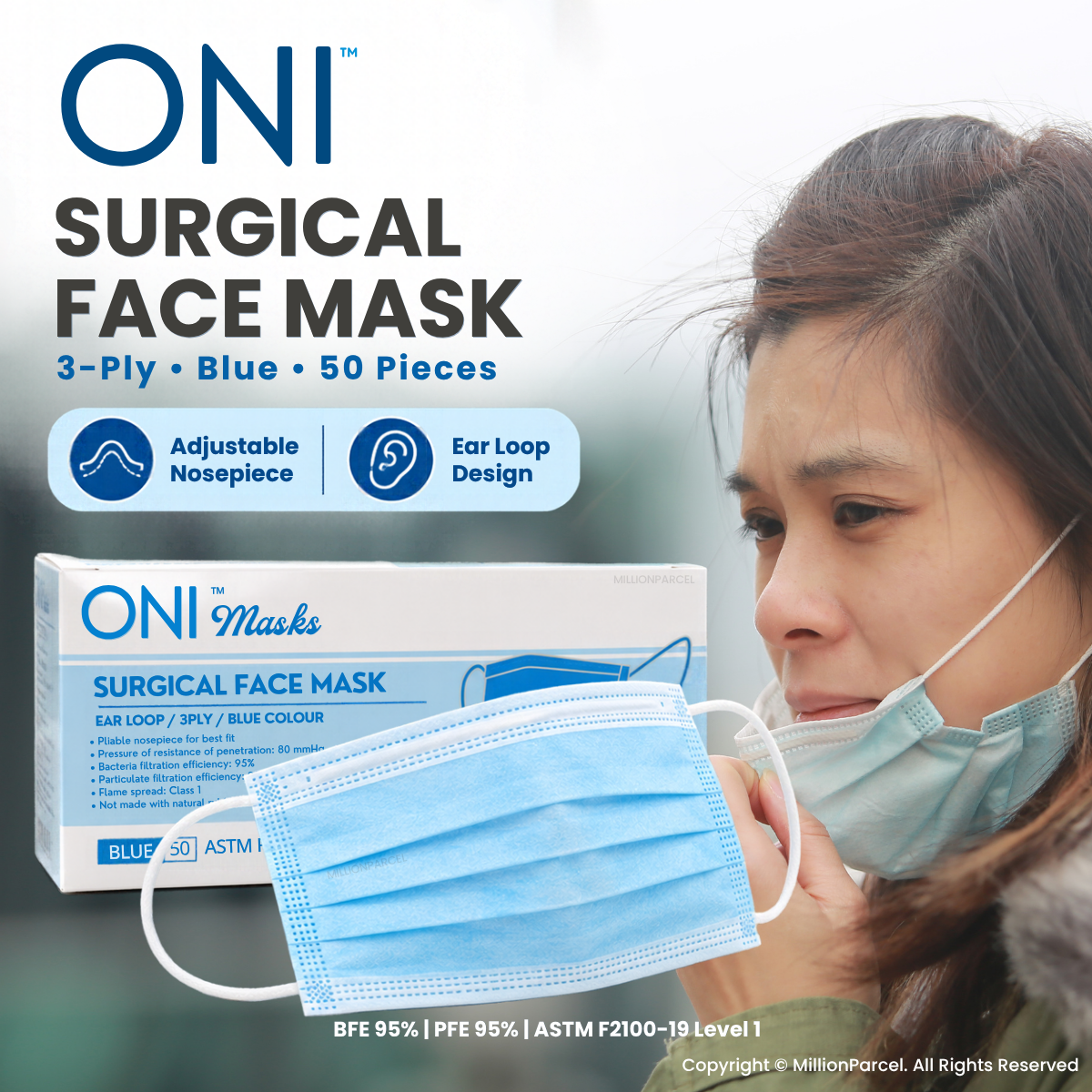ONI surgical face mask with box and blue 3-ply masks, ear-loop fit shown on person