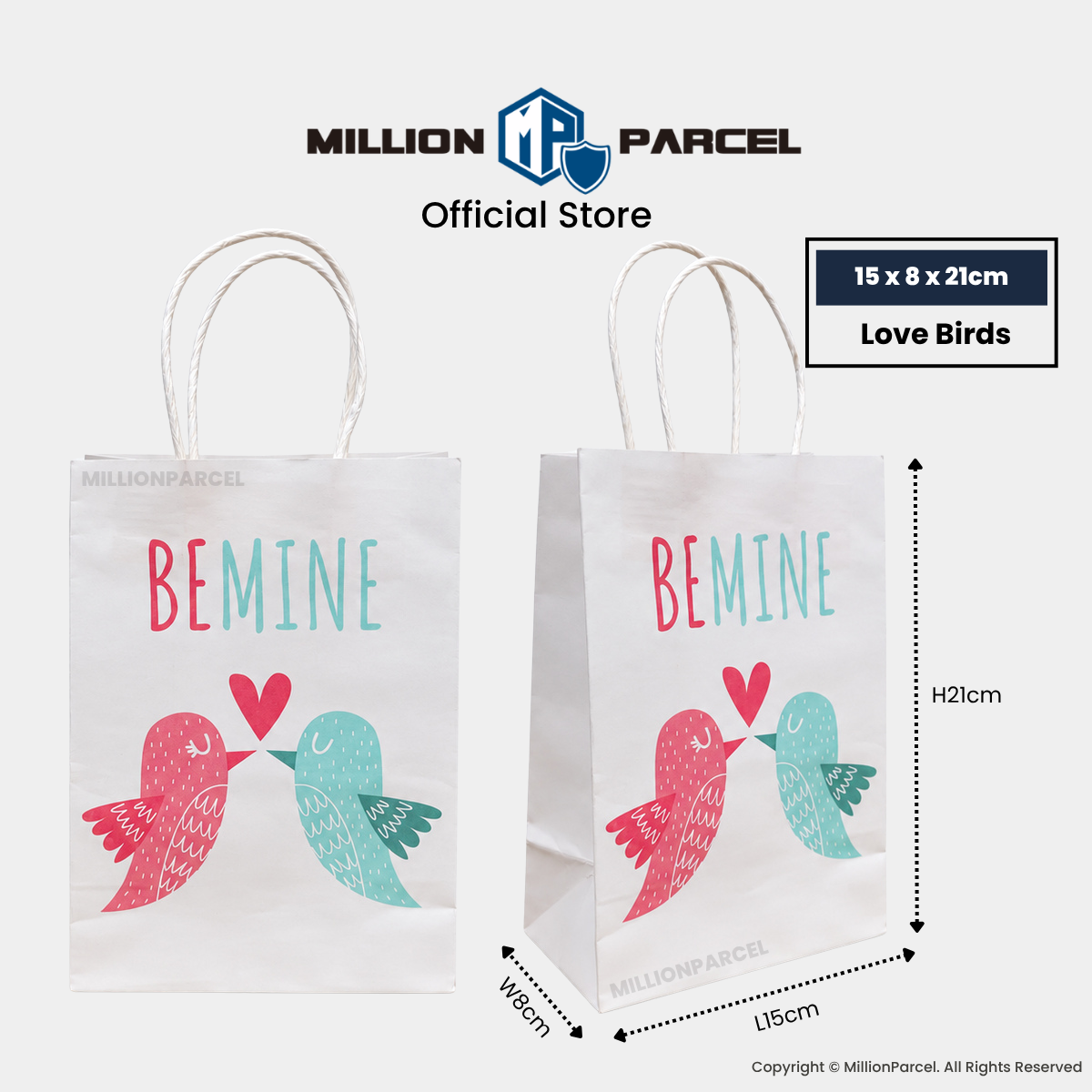 White gift paper bag with handles, “Be Mine” text and pink/teal love birds design.
