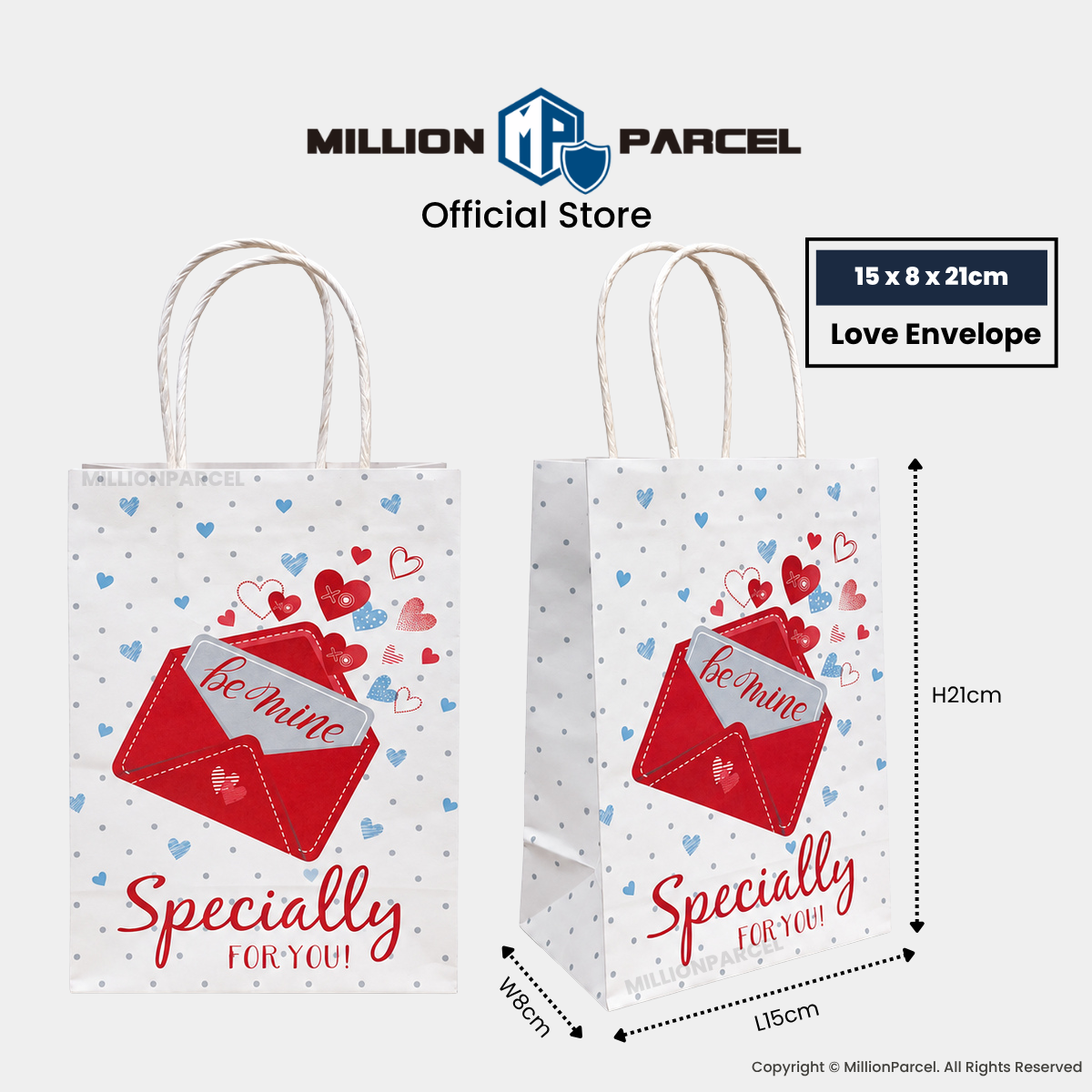 White gift paper bag with handles, red heart envelope graphic and “Specially for you”.
