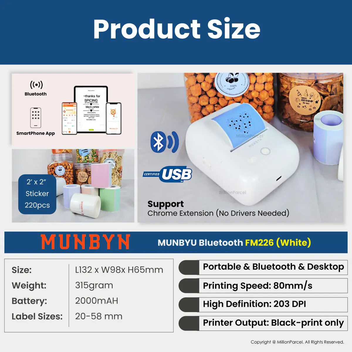 MUNBYN FM226 Bluetooth Portable Label Maker - White - MillionParcel