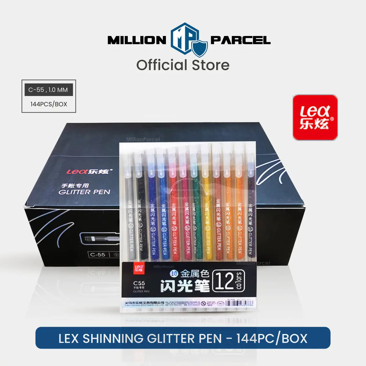 LEX Shinning Glitter Pen 1.0mm - 12 Color Pen - MillionParcel