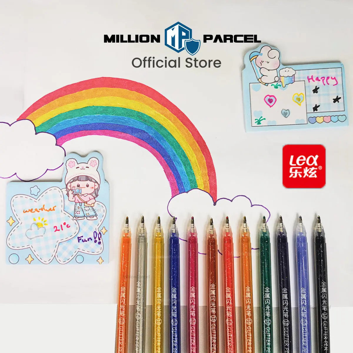 LEX Shinning Glitter Pen 1.0mm - 12 Color Pen - MillionParcel