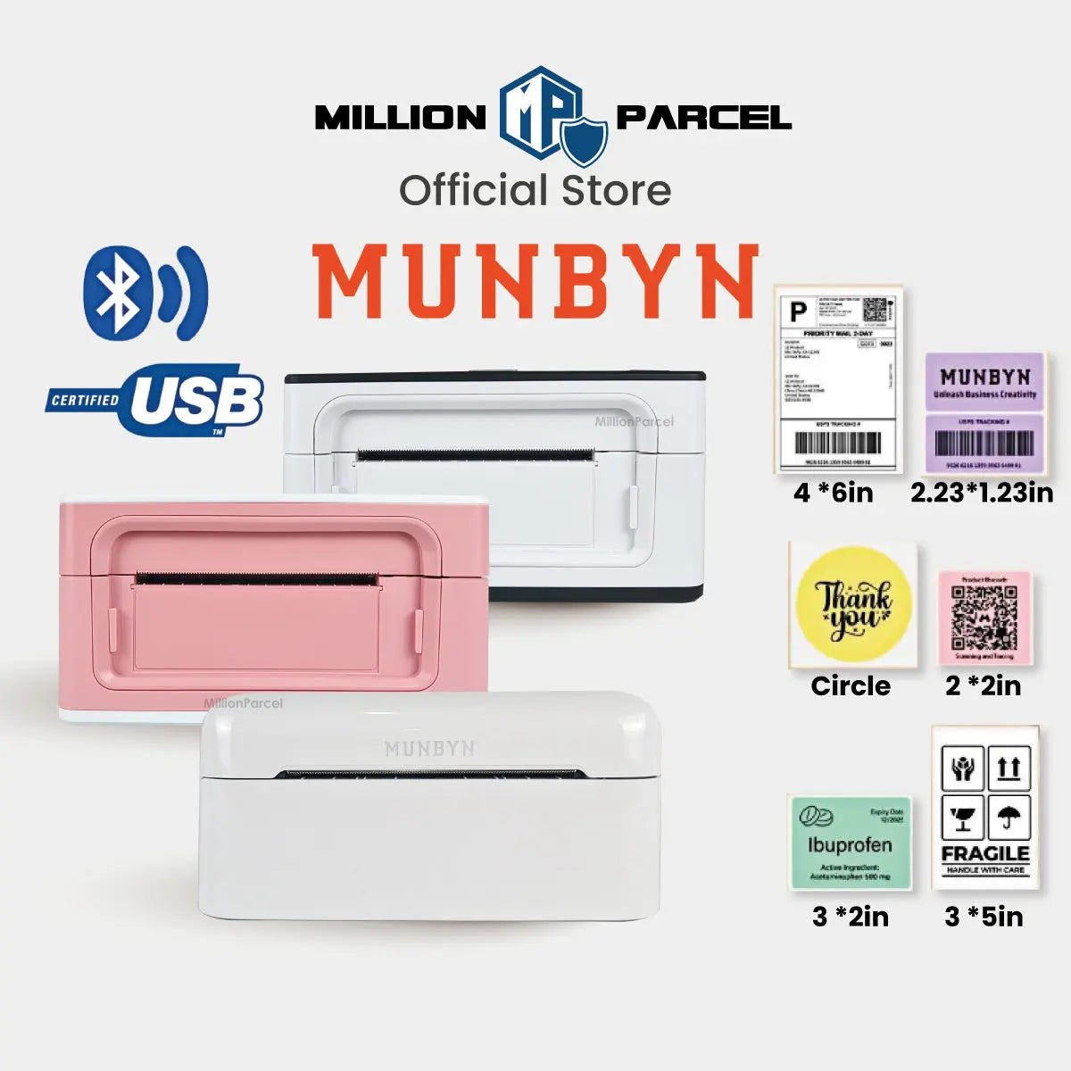 MUNBYN 941B & RW402B Bluetooth Thermal Label Printer for Small Business - MillionParcel