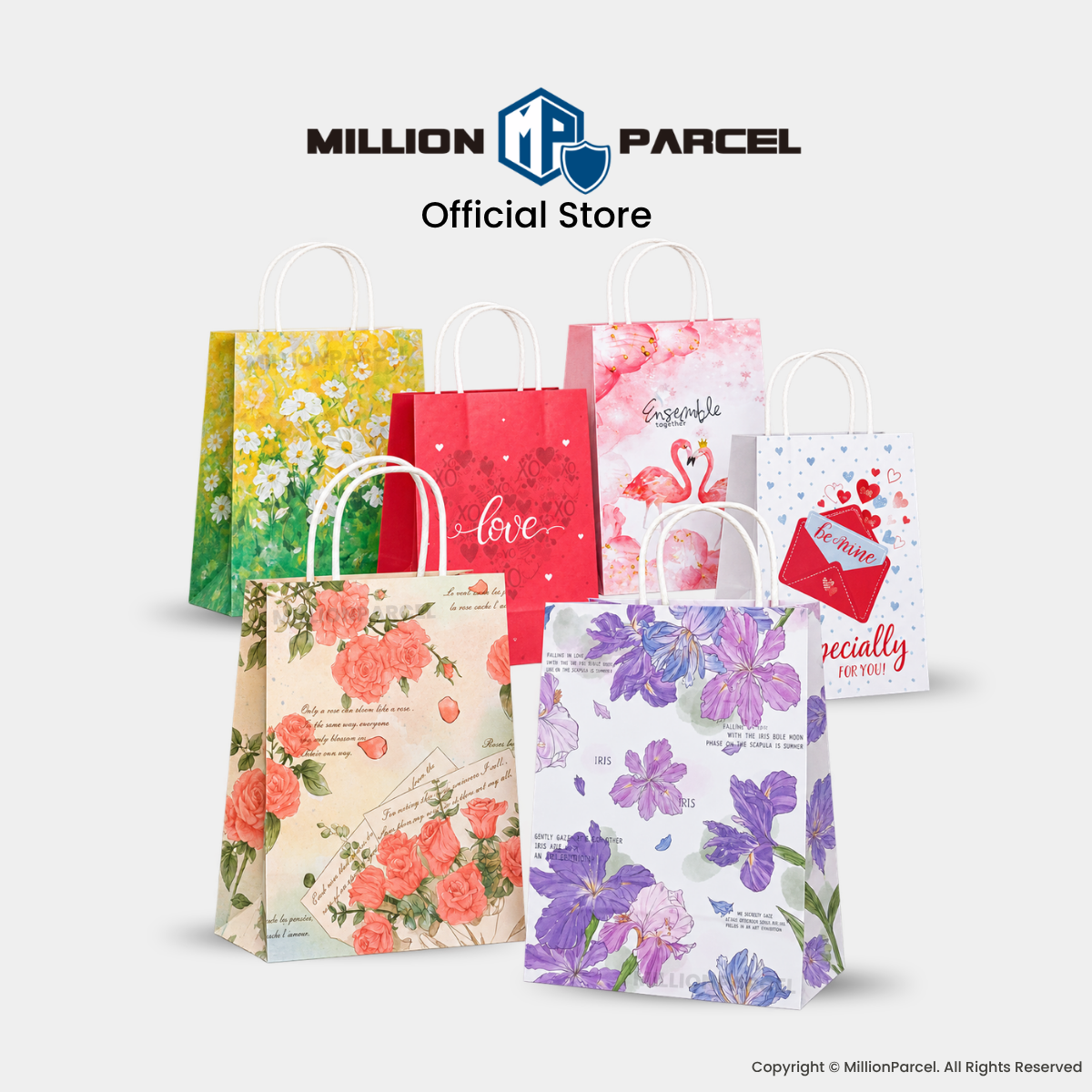 Printed paper gift bag set with twisted handles, assorted floral designs in green, red, and purple.