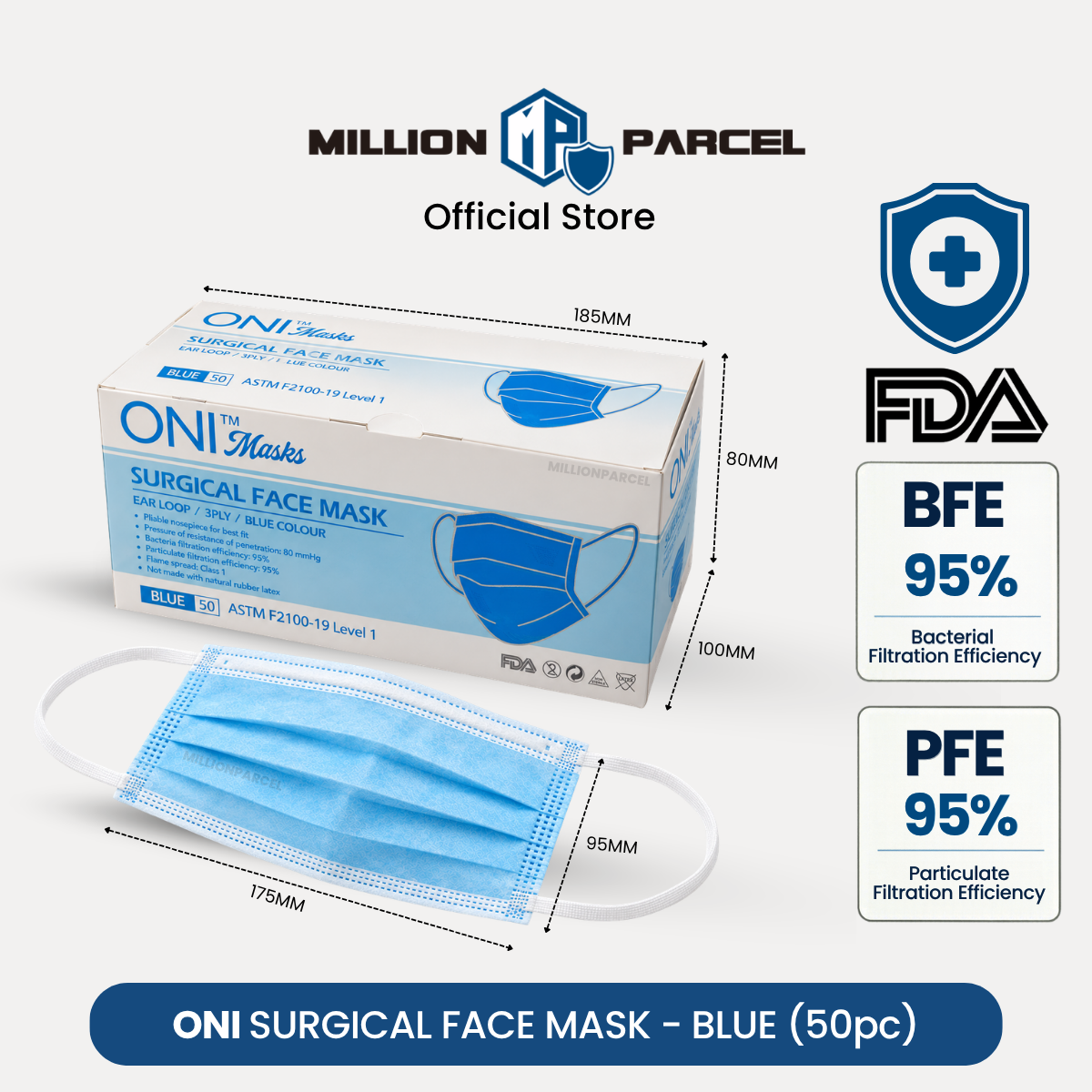 Blue surgical face mask with carton box and one mask laid in front, ear loops visible.